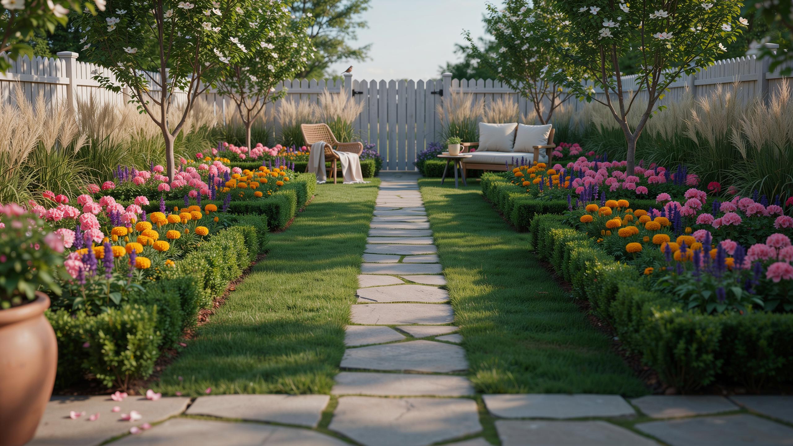 A symmetrical garden features a stone pathway running through a lush green lawn, flanked on both sides by rows of colorful flowers including pink, ora