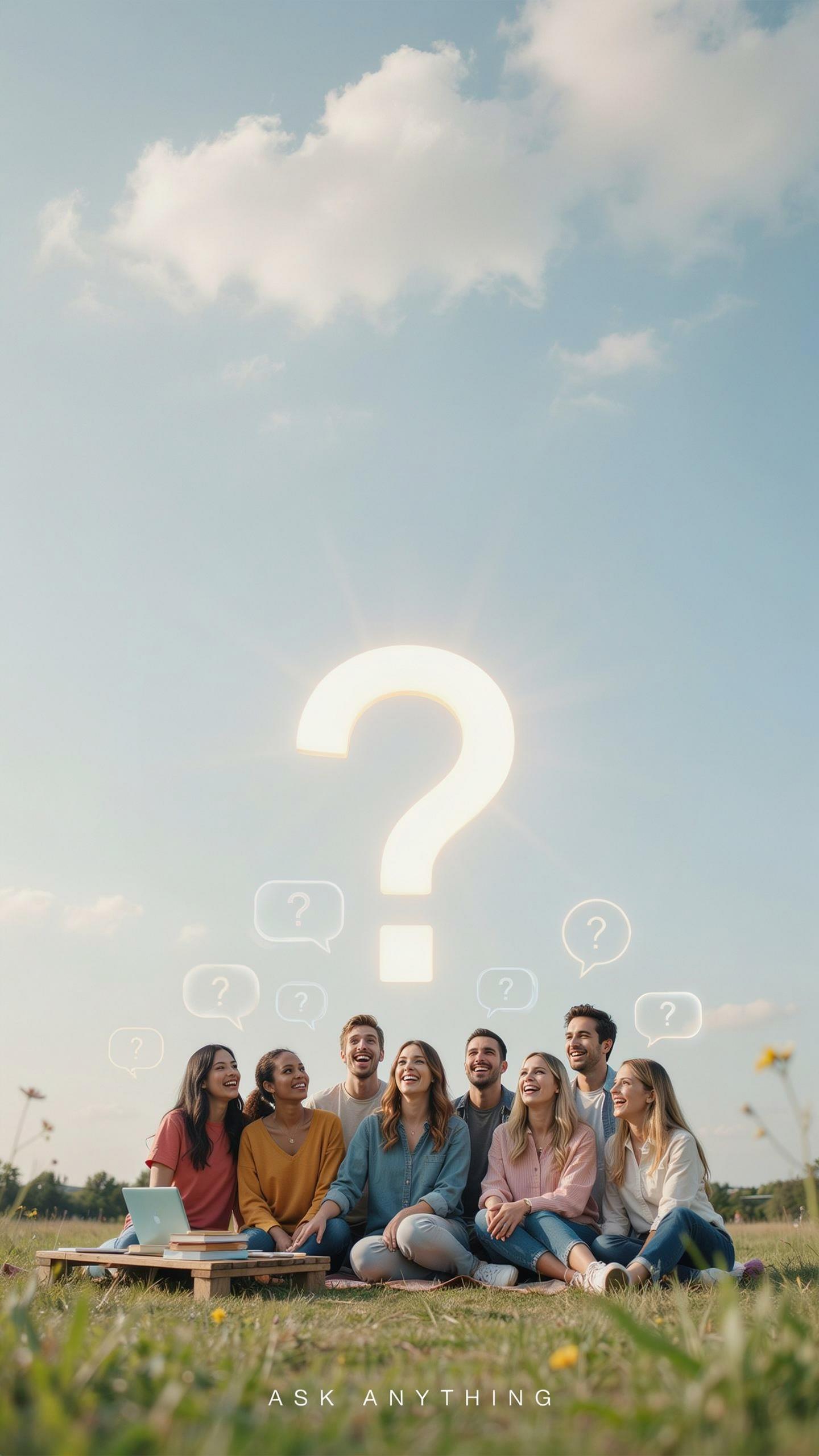 A group of diverse young adults sits on the grass outdoors under a bright sky, looking up at a glowing white question mark symbol hovering above them,