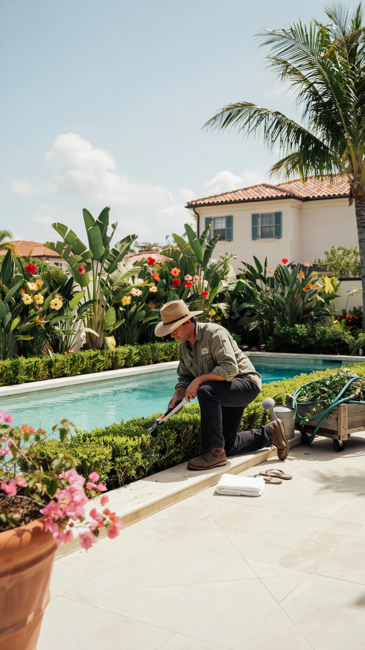 A man in a straw hat and work clothes kneels beside a bright blue swimming pool, meticulously trimming a neatly manicured green hedge with small shear