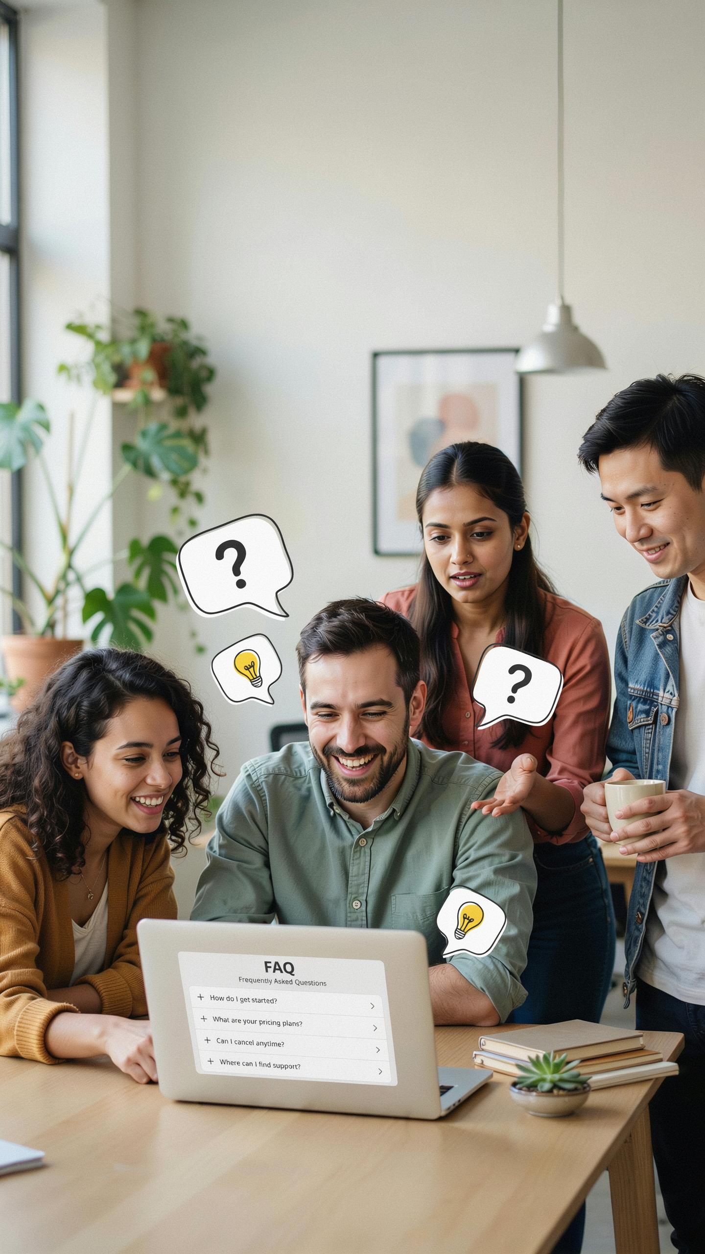 Four diverse young adults, two women and two men, gather around a laptop displaying a 'FAQ' page, with thought bubbles containing question marks and l