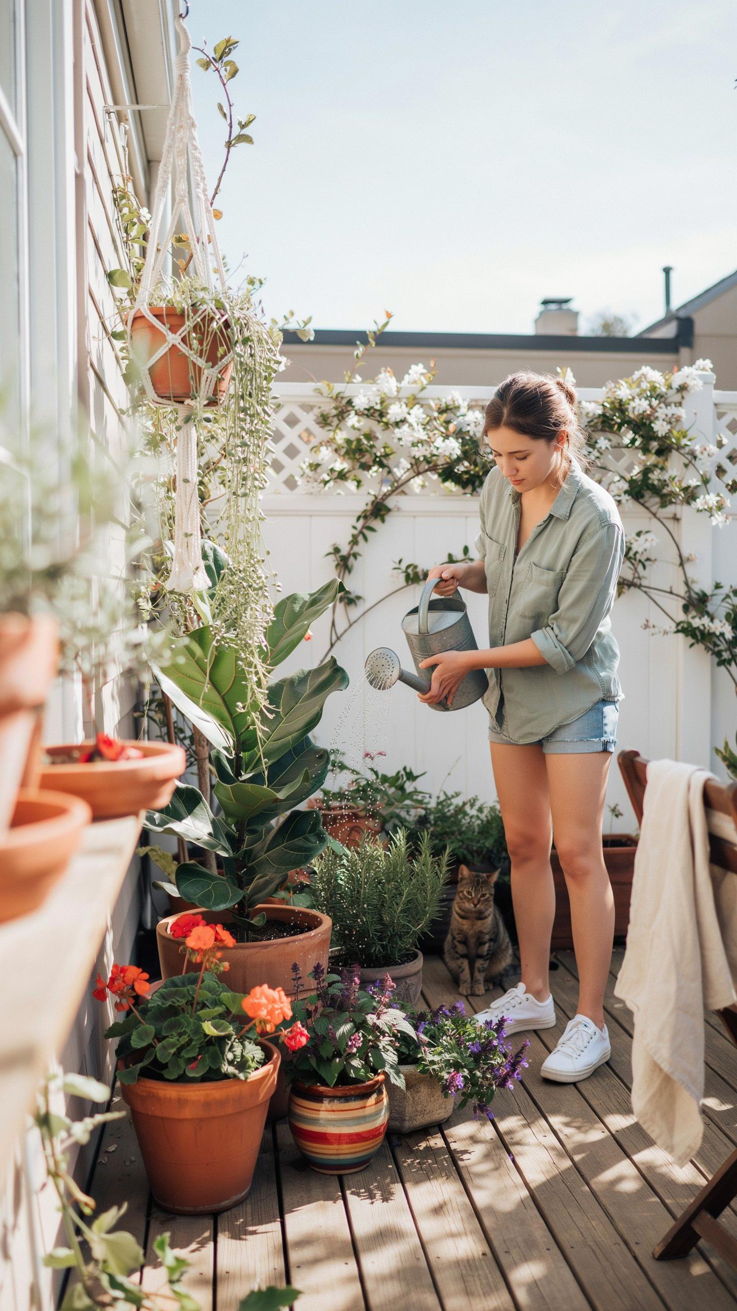 A young woman with light brown hair, wearing a green button-up shirt and denim shorts, stands on a wooden deck, watering potted plants with a grey wat