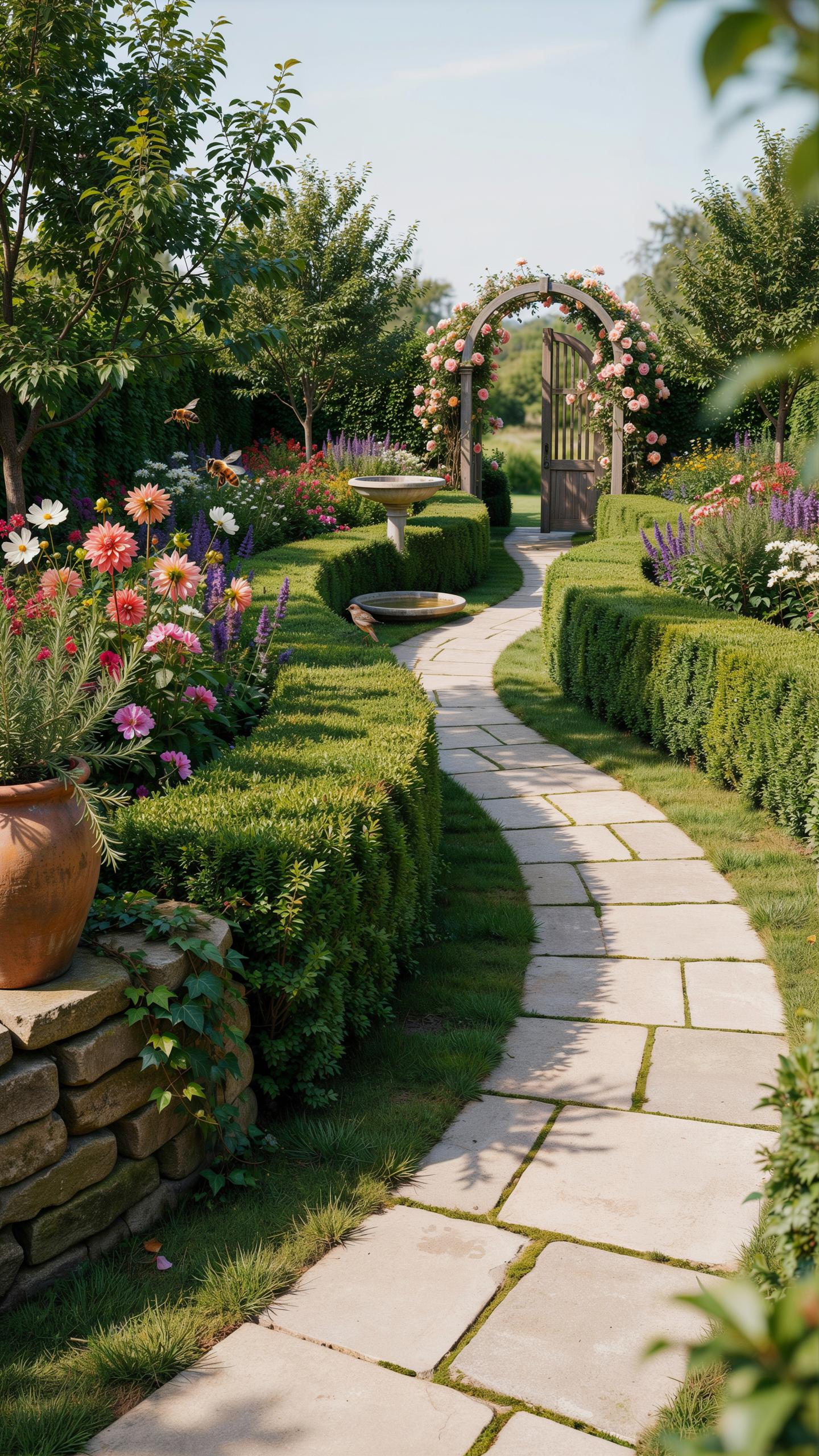 A stone path winds through a vibrant garden, flanked by manicured green hedges and colorful flower beds with dahlias, leading towards a wooden archway