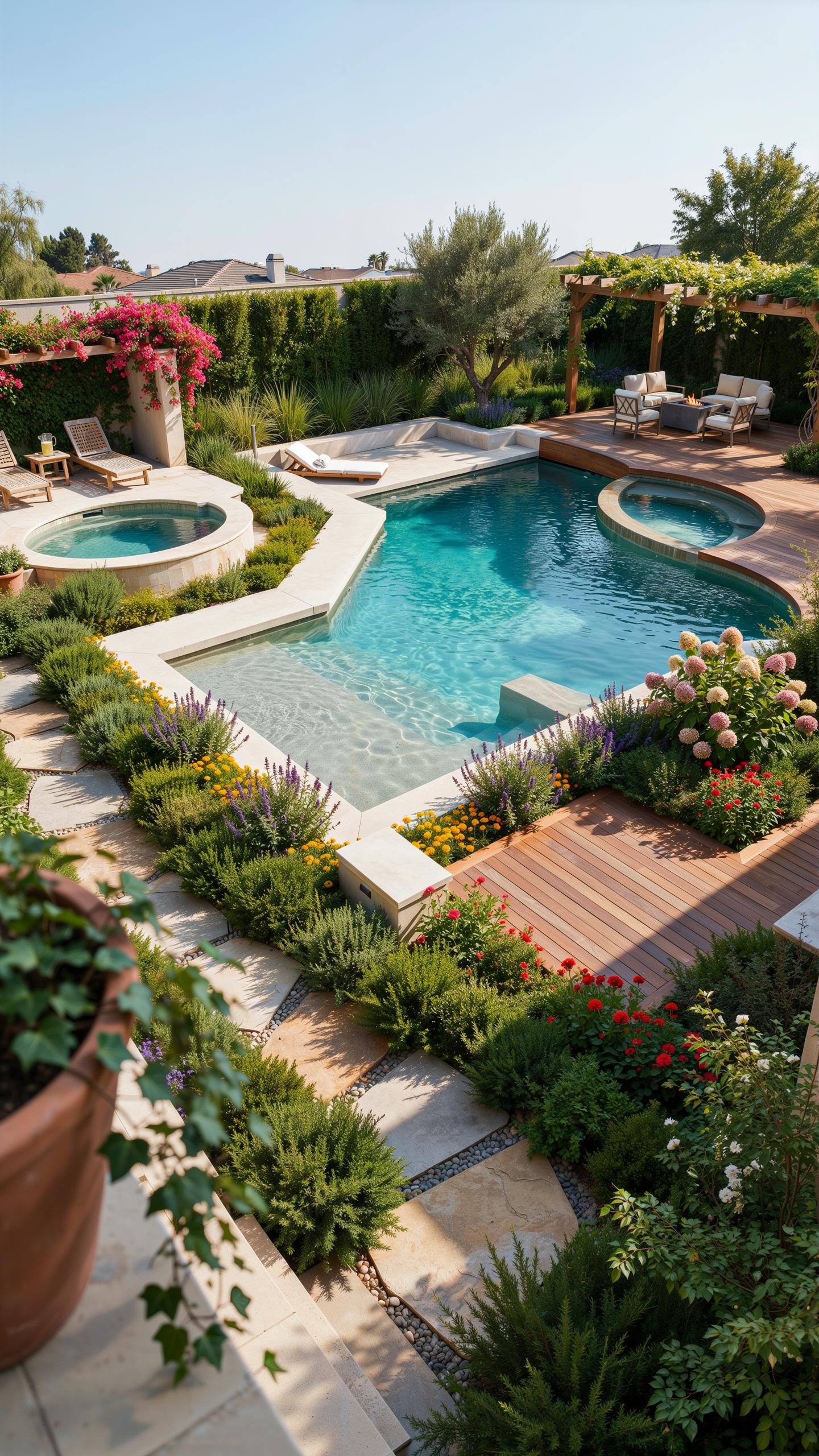 An aerial view showcases a luxurious backyard oasis with a blue swimming pool, an attached hot tub, stone pathways, wooden decking, and lush green lan