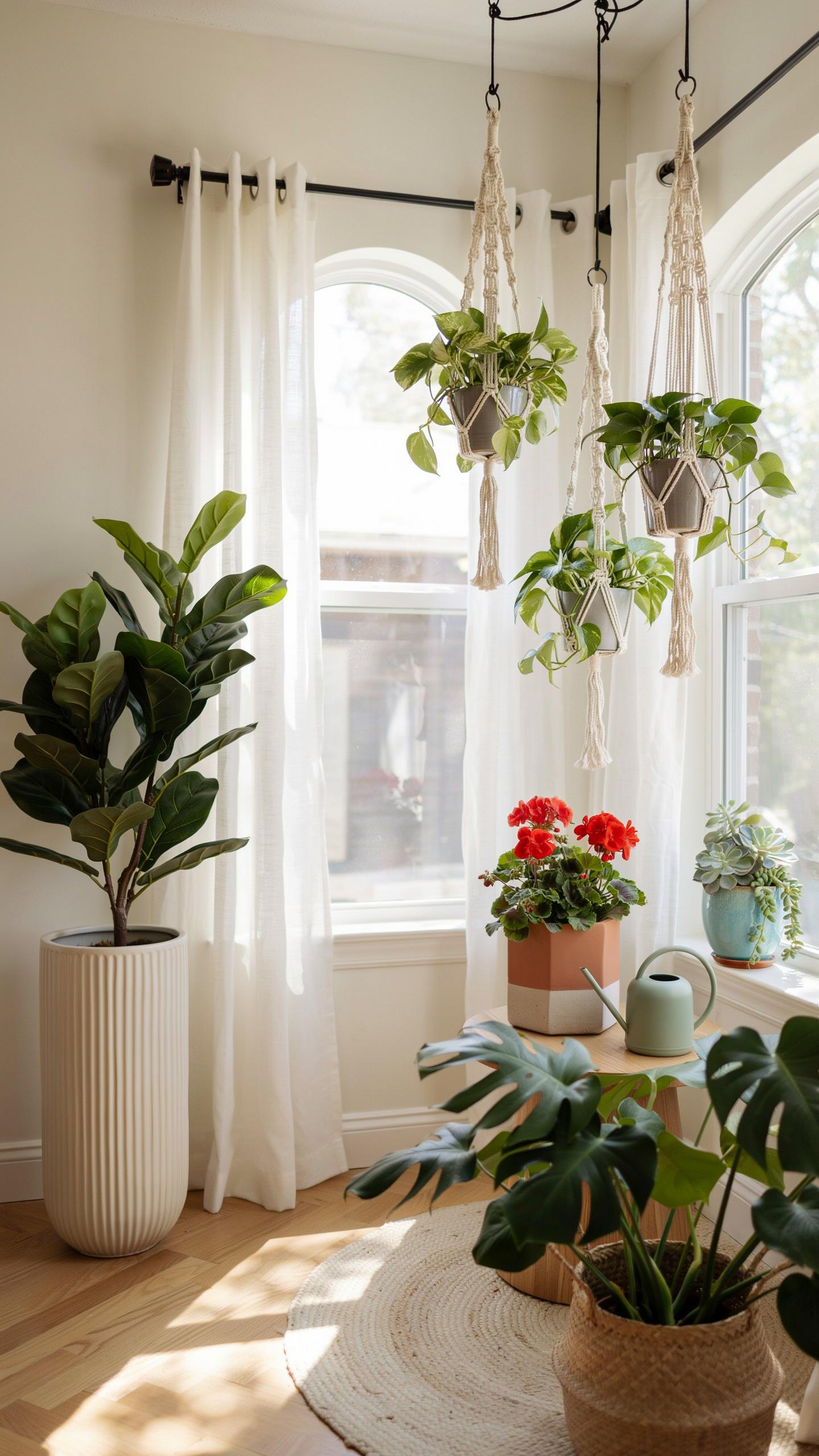 A light-filled room features a variety of houseplants, including a tall fiddle-leaf fig in a ribbed white planter, several trailing plants in macrame