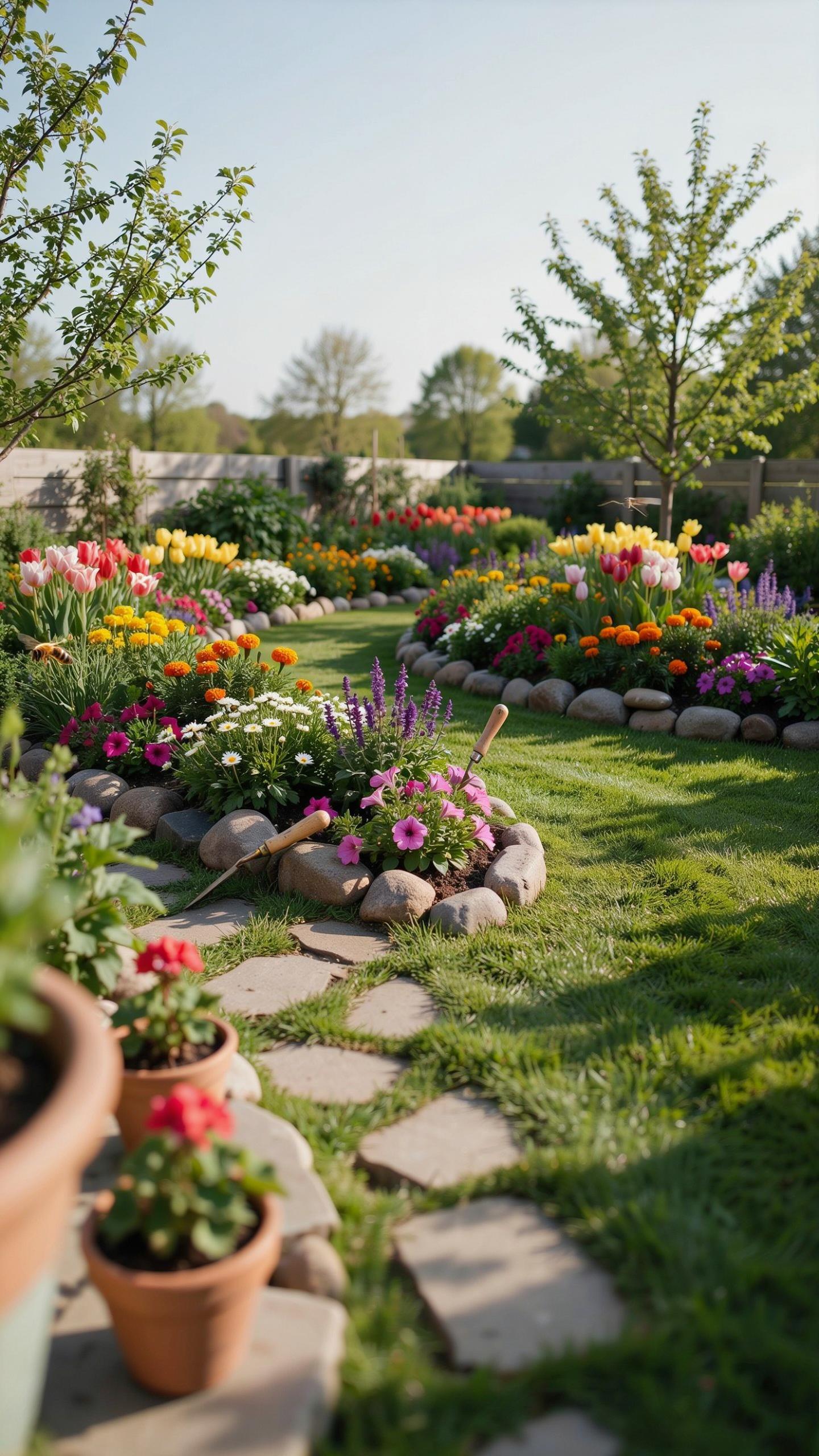 A vibrant garden path of stepping stones winds through a lush green lawn, bordered by circular stone beds filled with colorful petunias, salvias, and