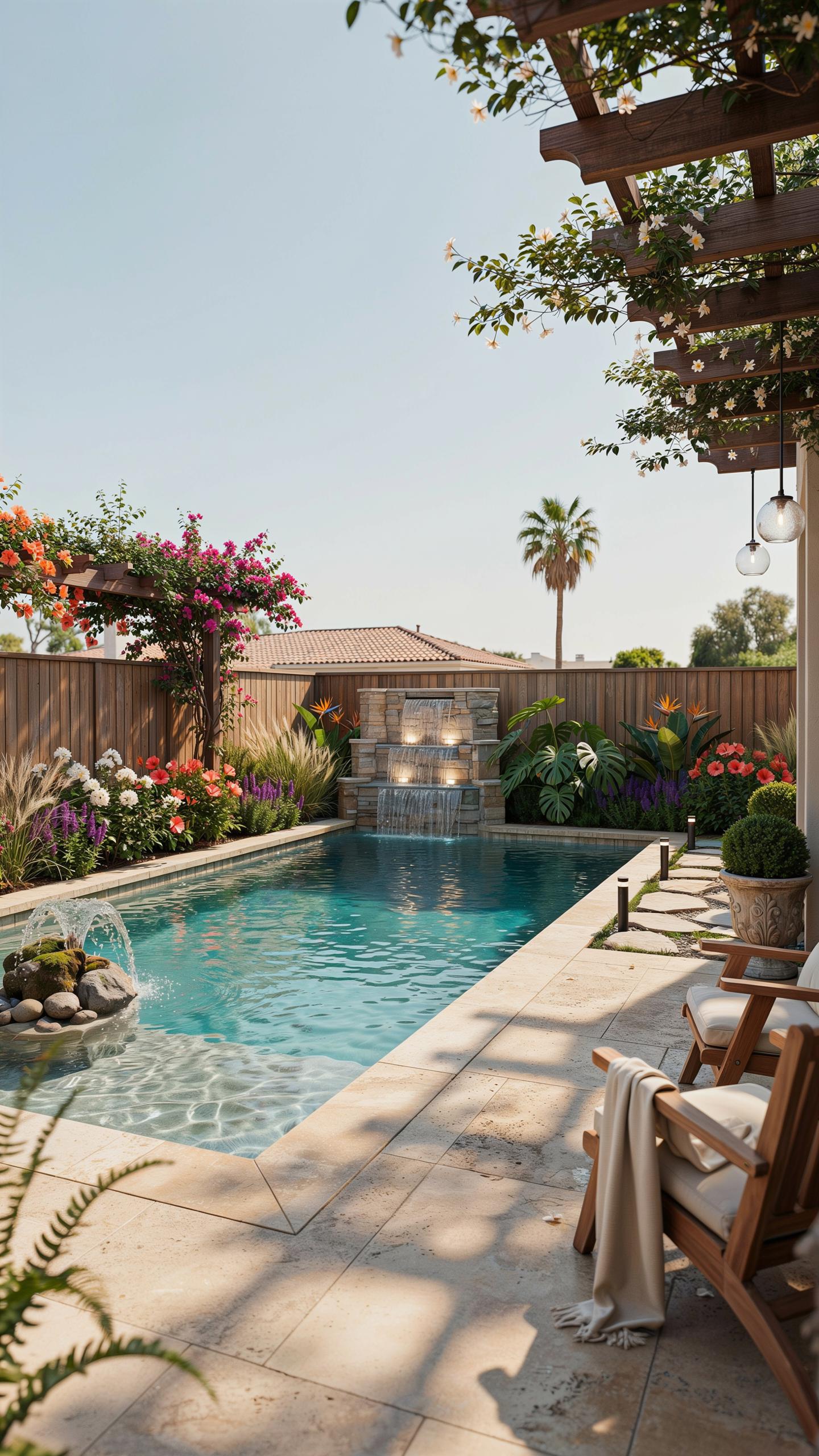 A beautiful backyard swimming pool area is seen from a low angle, featuring a rectangular pool with clear blue water, surrounded by light-colored pavi