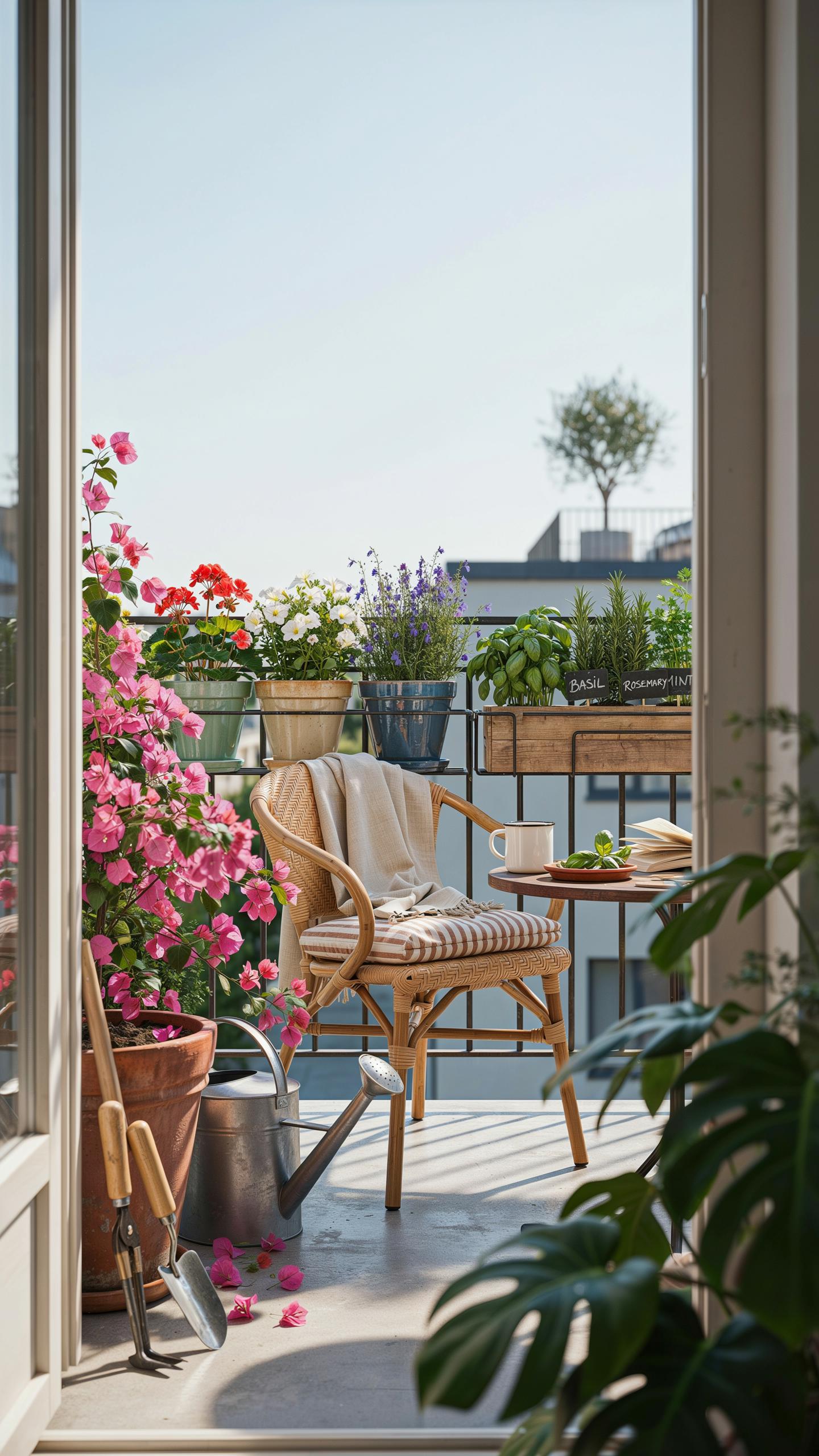 A cozy, sunlit balcony is seen from an indoor perspective, featuring a wicker chair with a striped cushion and a small round table holding a cup and p