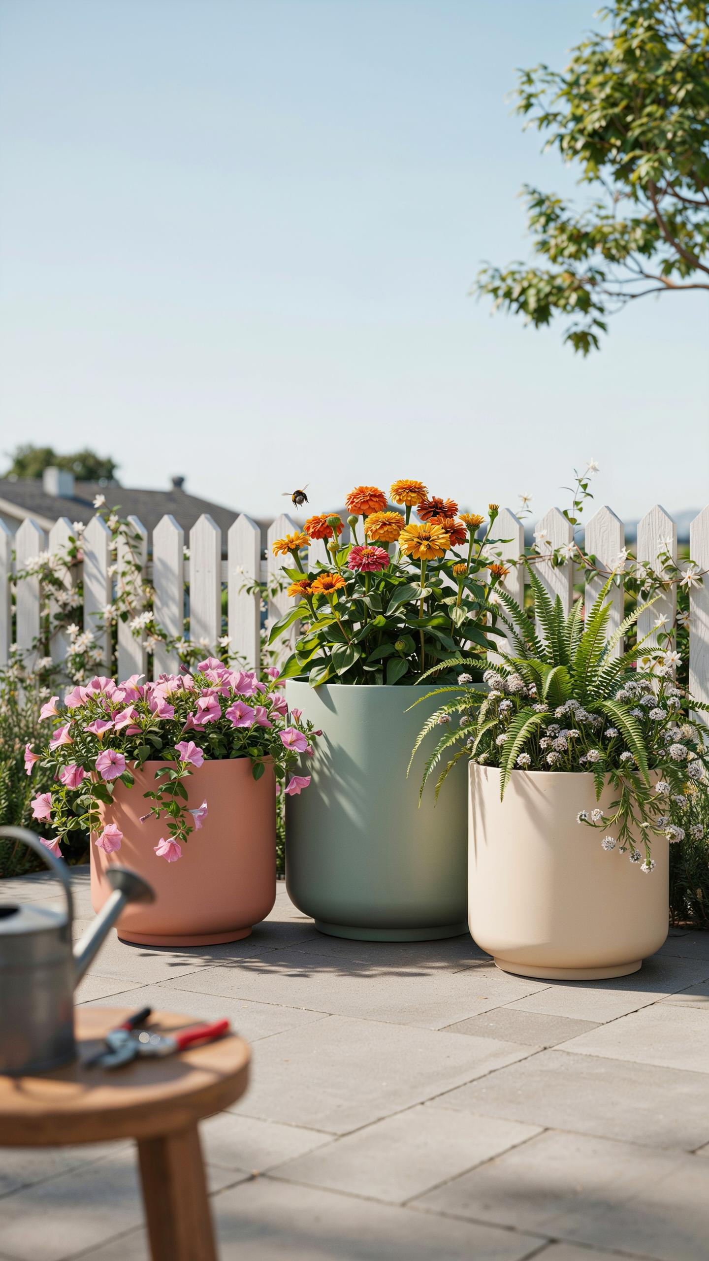 Three colorful potted plants sit on a light gray patio with a white picket fence and green foliage in the background, featuring a watering can and pru