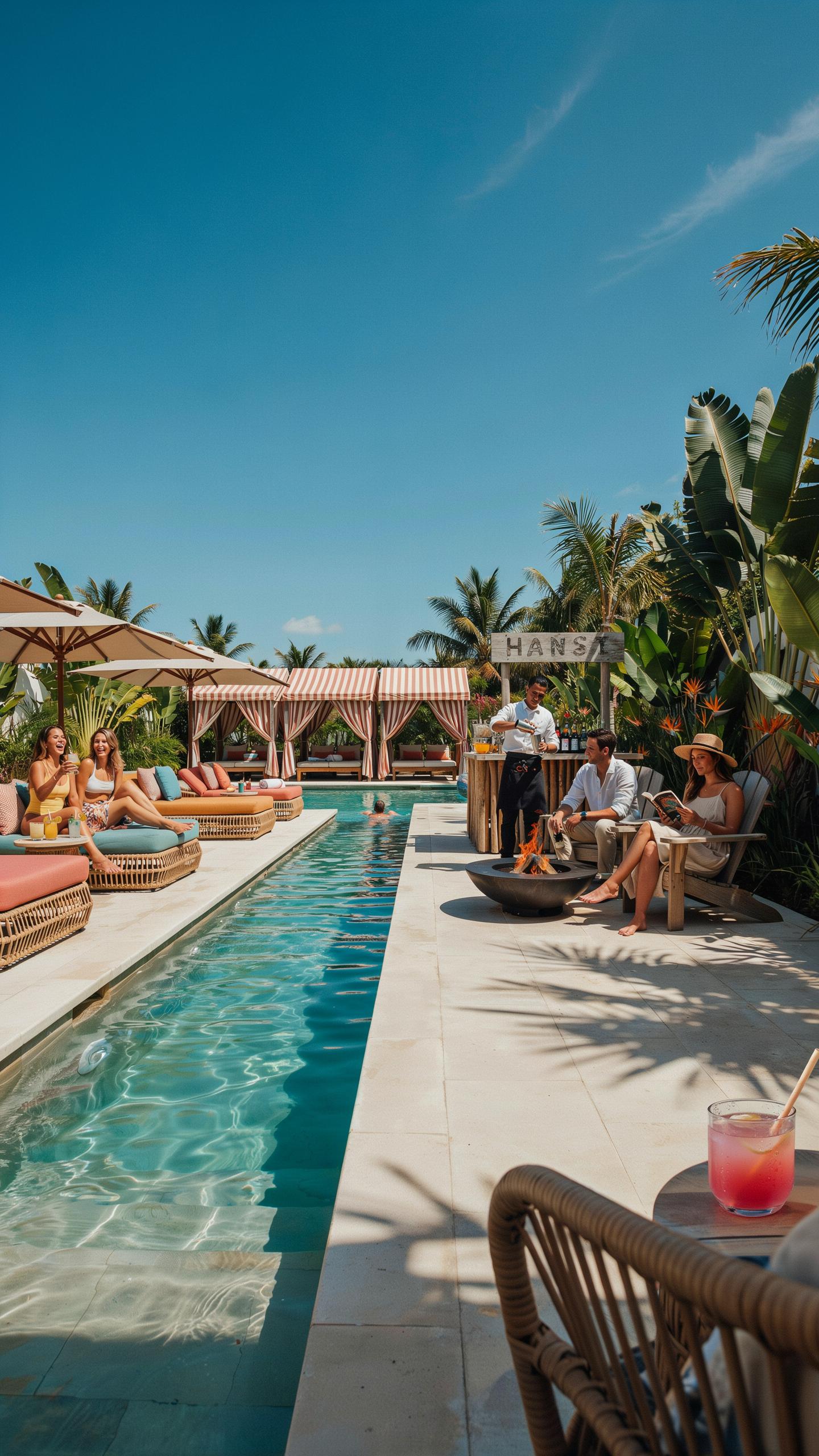 Several people relax around a narrow, rectangular swimming pool at an outdoor resort on a sunny day, with lush green foliage and palm trees surroundin