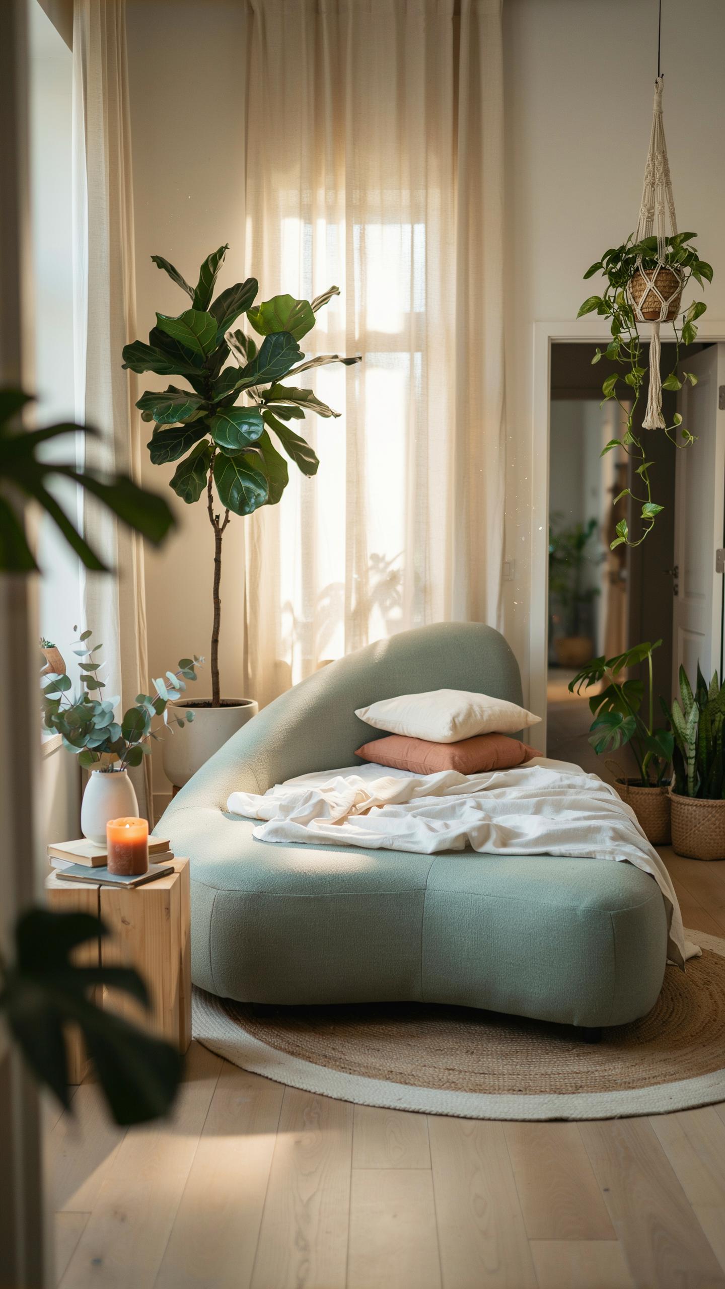 A light and airy room features a curved, light green chaise lounge with white and terracotta pillows, a white throw, and a round jute rug on a wooden