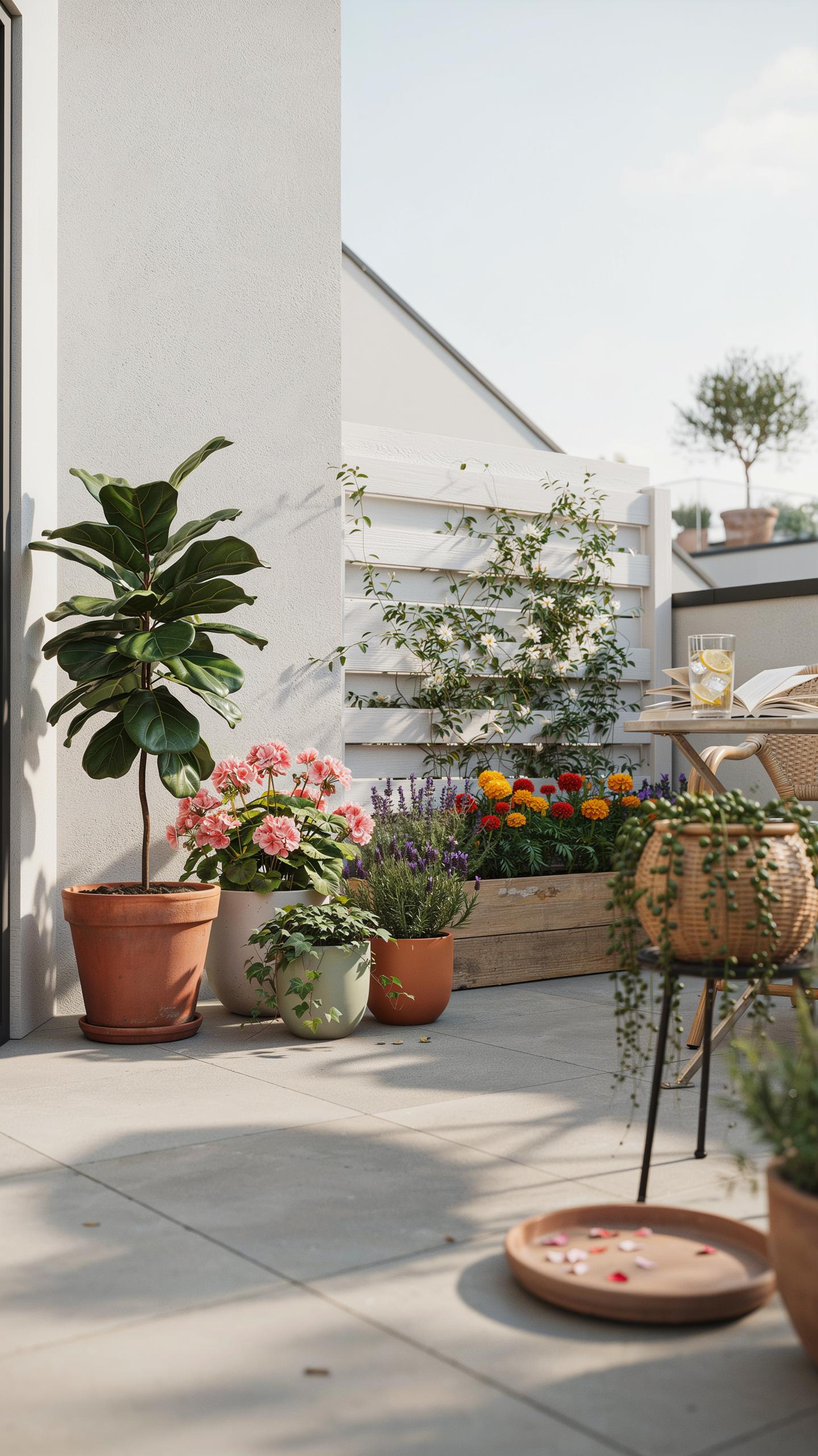 A brightly lit outdoor patio or balcony is filled with various potted plants, a wooden privacy screen, and a small table and chairs.