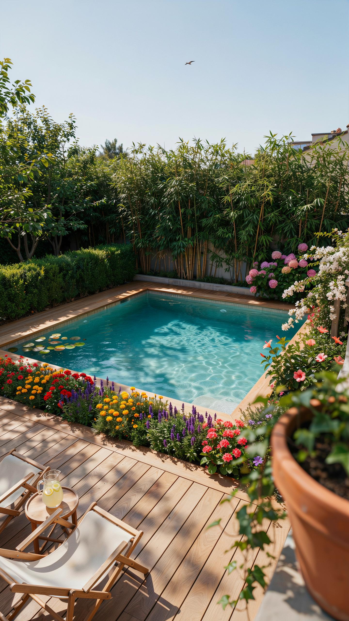 A rectangular swimming pool with blue water is surrounded by a light brown wooden deck and colorful flower beds, with lush green hedges and trees in t