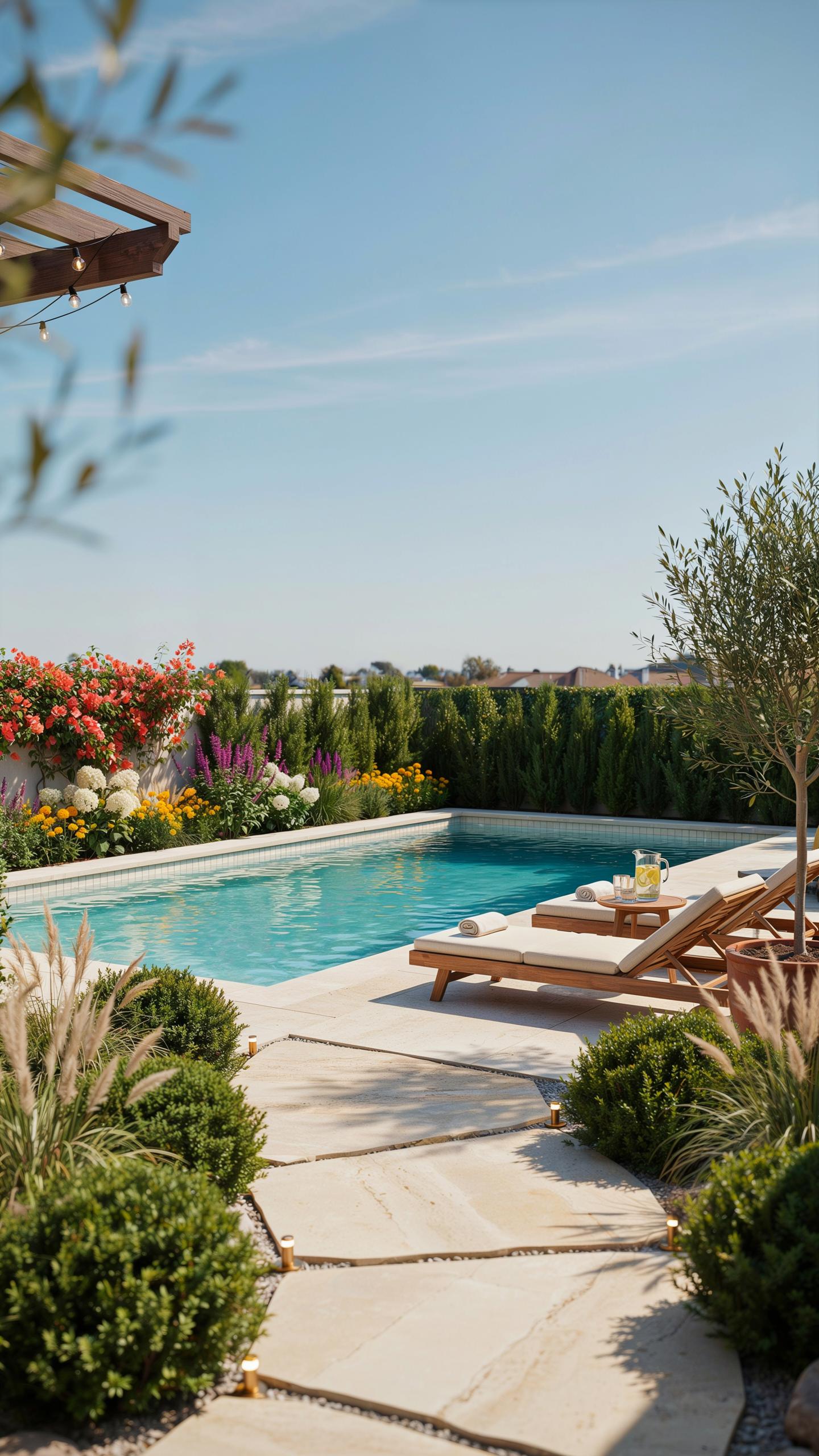 A beautiful backyard swimming pool area features a rectangular blue pool, two light wood lounge chairs on a stone patio, and lush green and colorful f