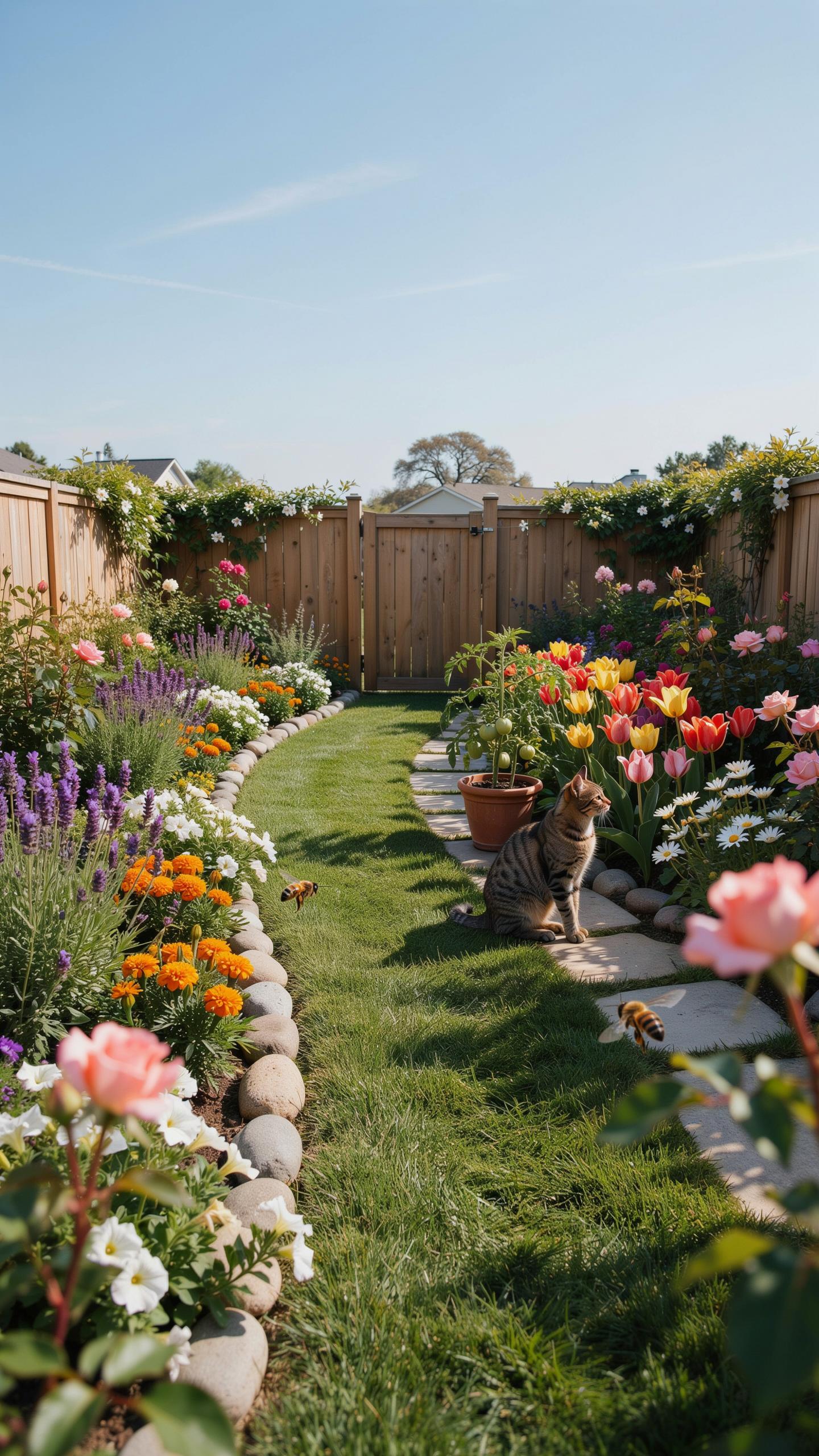 A full-frame vertical shot of a vibrant, colorful garden with a tabby cat sitting on stepping stones next to a flower bed, leading to a wooden fence a