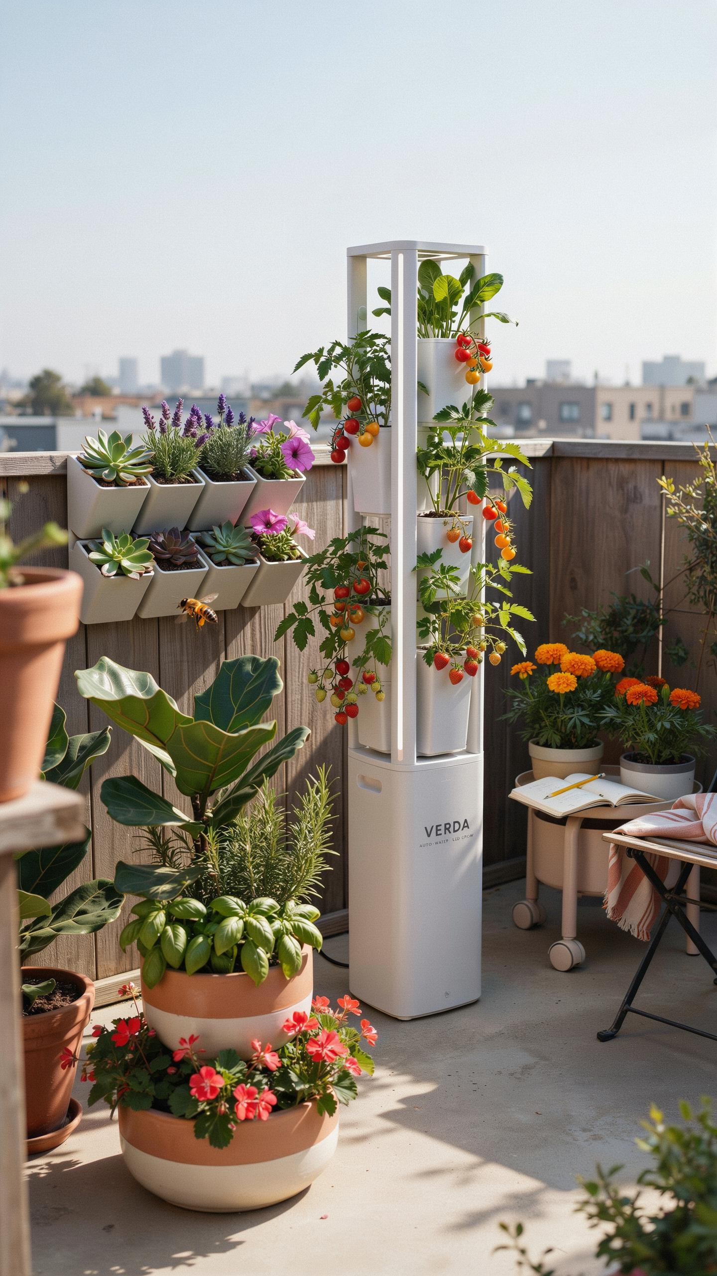 A modern, white vertical hydroponic garden tower with ripening cherry tomatoes and other greenery stands on a sunny urban rooftop patio, surrounded by