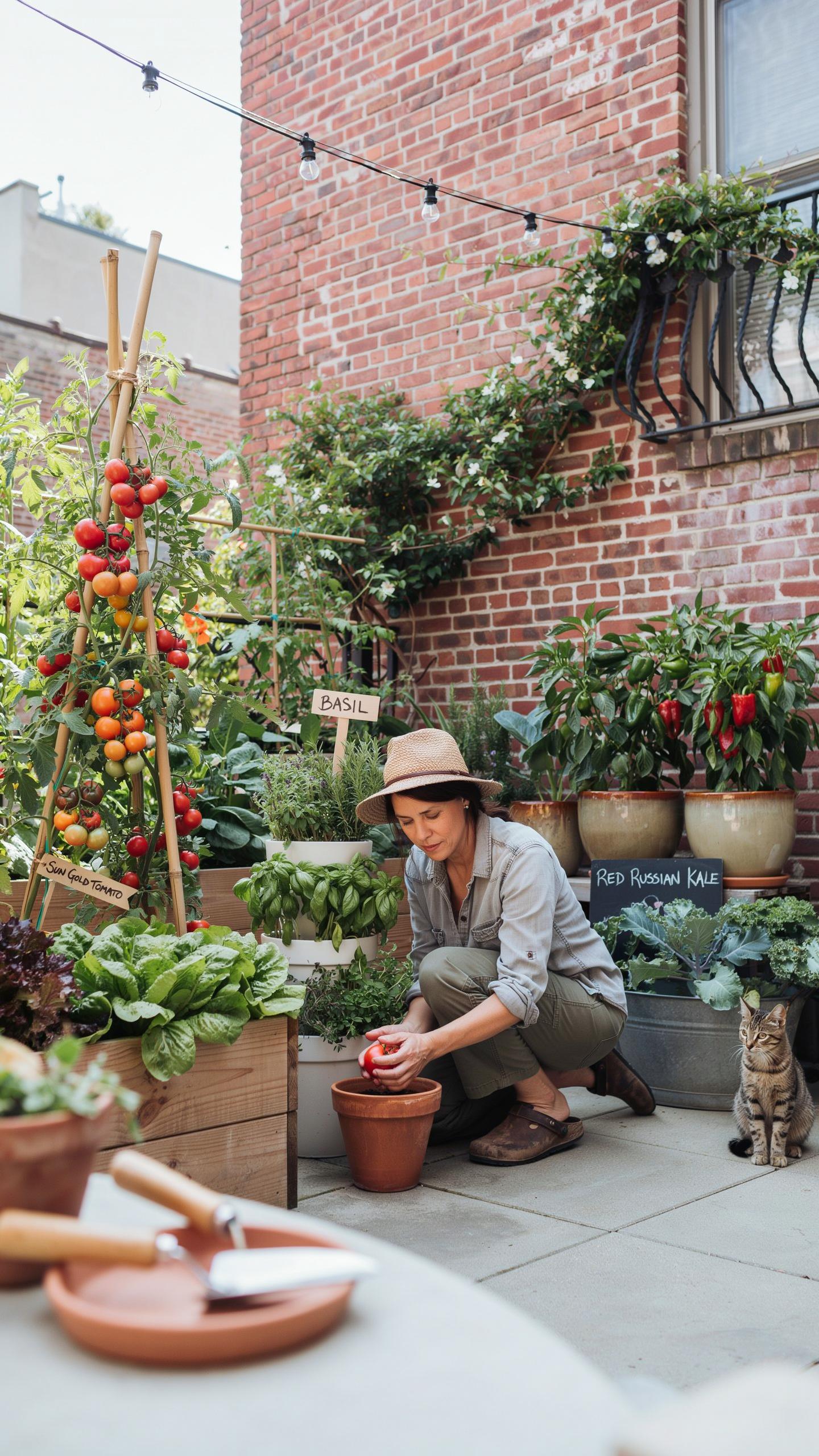 A woman in a straw hat and gardening attire crouches to transplant a red tomato into a terracotta pot in an urban backyard garden, surrounded by vario