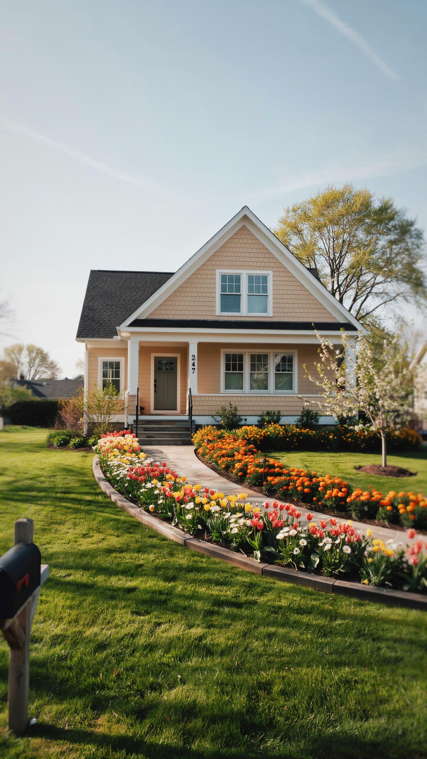 A light yellow house with a dark roof and a front porch sits behind a winding paved pathway lined with colorful flowers on both sides, surrounded by g