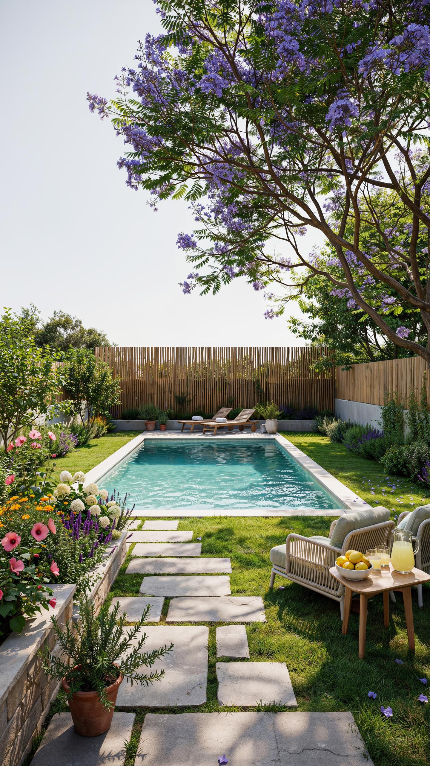 A serene backyard features a rectangular swimming pool surrounded by a lush green lawn, with a stone path leading to a seating area on the right and v