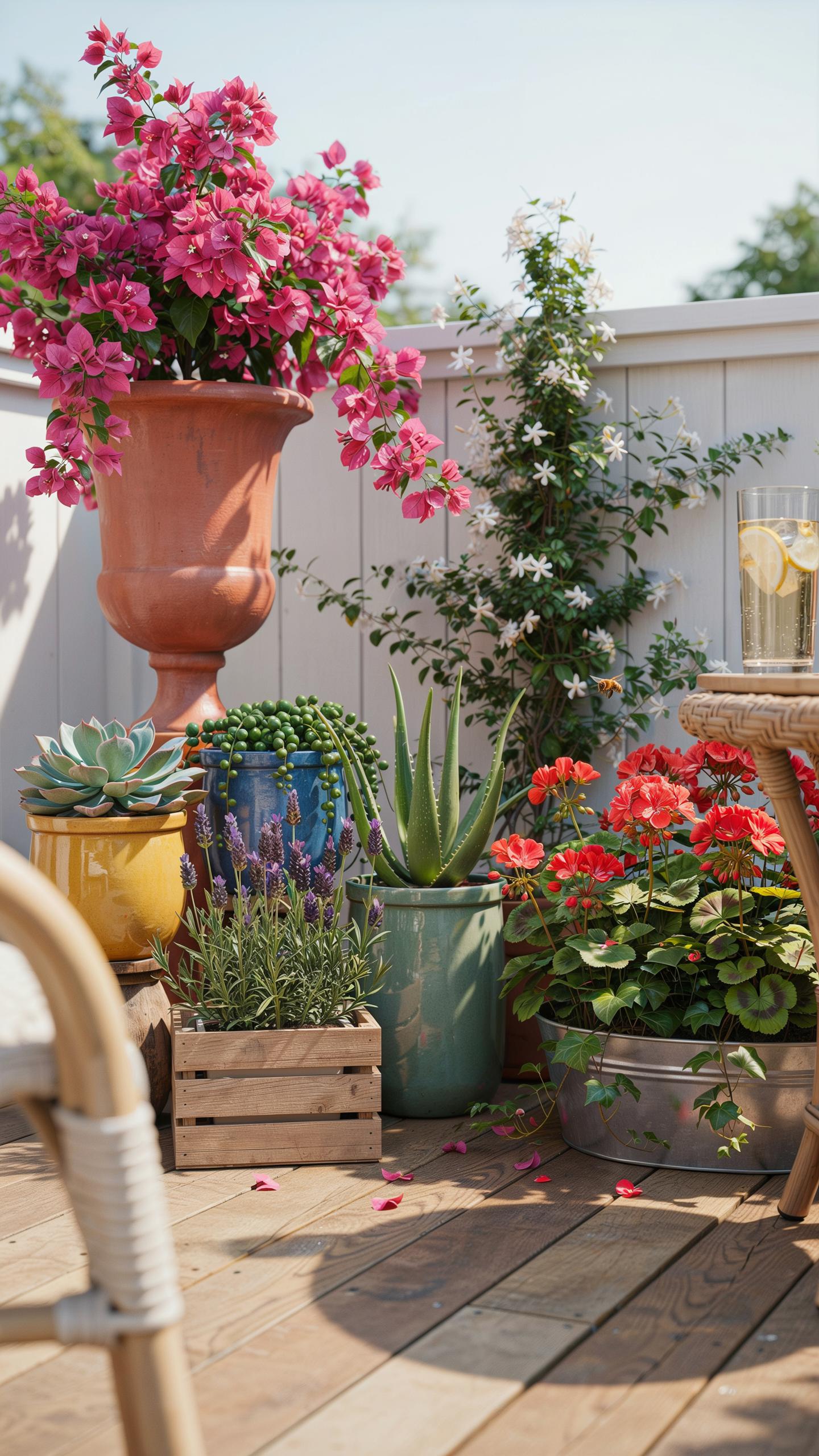 A vibrant outdoor patio features a large terracotta planter overflowing with bright pink bougainvillea, an assortment of potted plants including succu