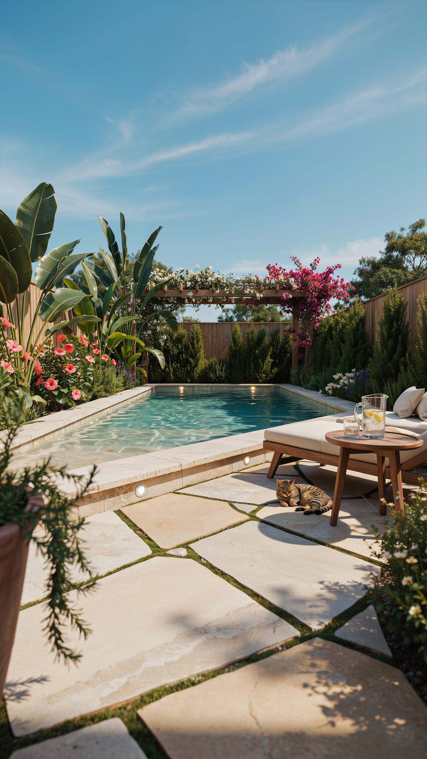 A luxurious outdoor swimming pool area is surrounded by lush green tropical plants, colorful flowers, and light-colored stone paving under a clear blu