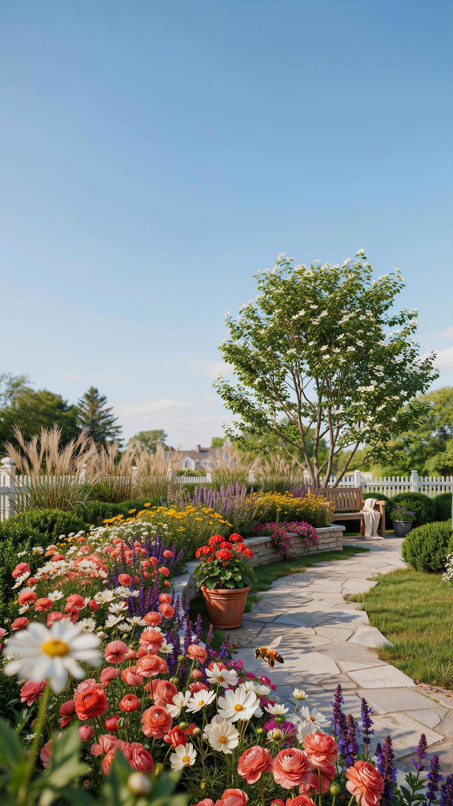 A vibrant garden path features a stone walkway bordered by an abundance of colorful flowers, including red, orange, pink, purple, and white blooms, wi