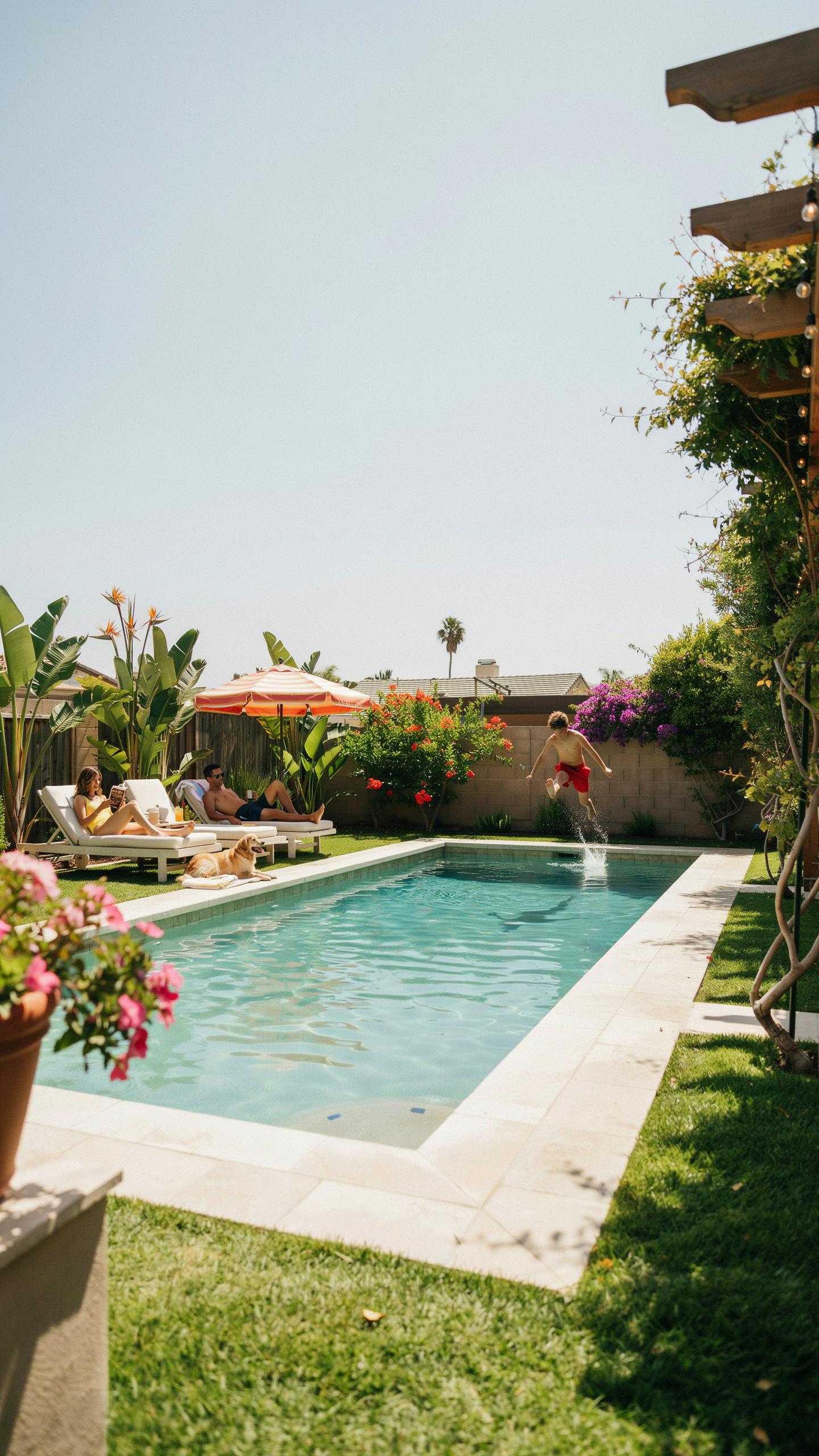 A man in red swim trunks jumps into a rectangular outdoor swimming pool surrounded by a green lawn, lush foliage, and a wooden pergola, with two peopl