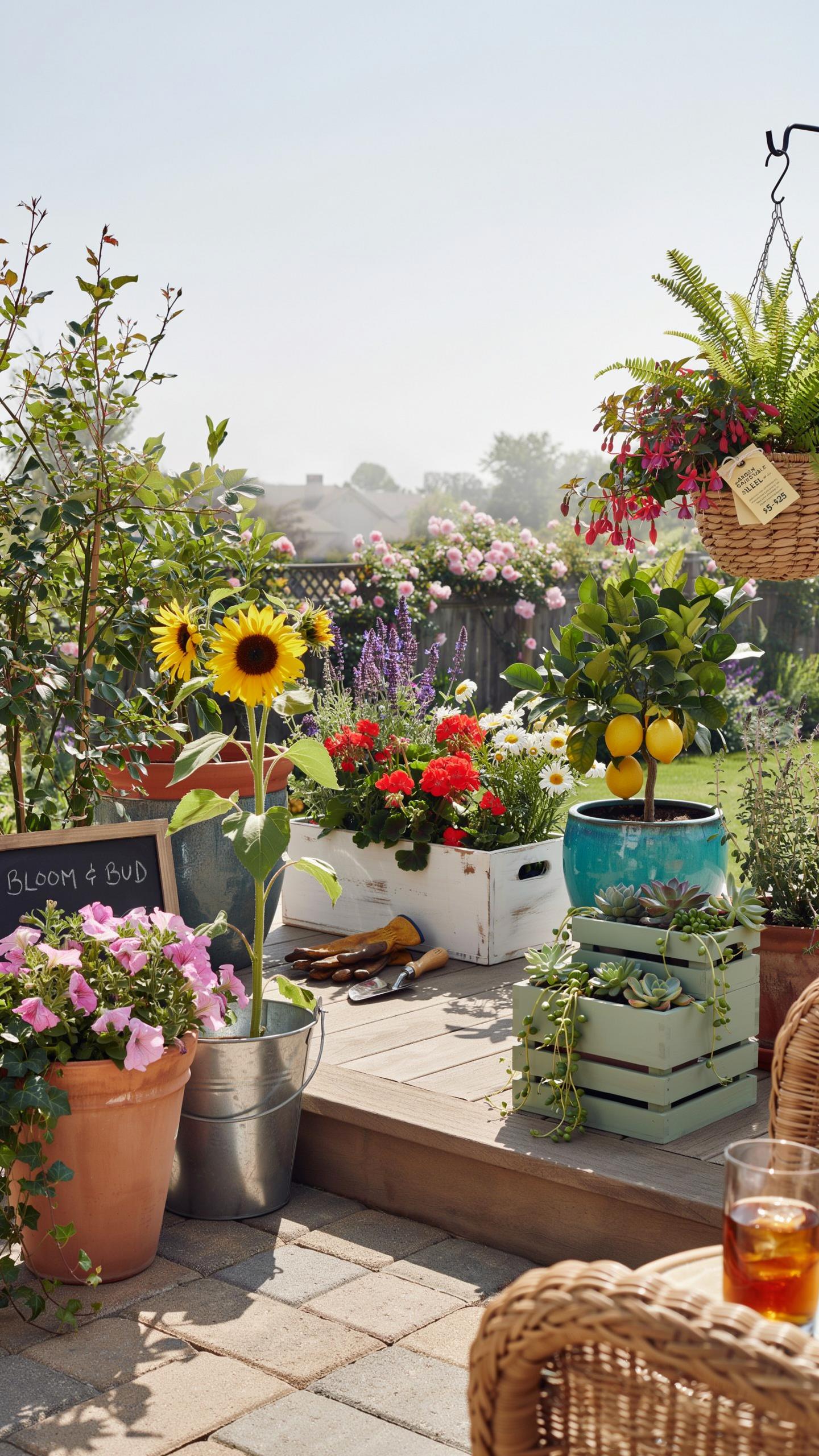 A vibrant garden patio features an array of potted plants, including bright yellow sunflowers, pink petunias, red geraniums, and a small lemon tree, s