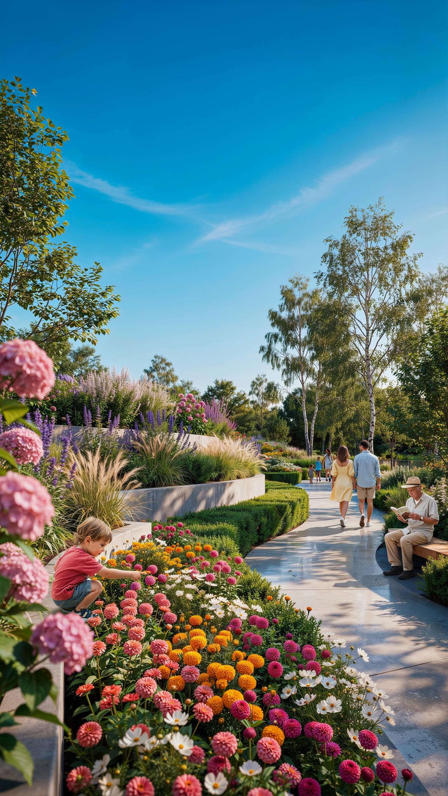 A vibrant garden path features terraced flower beds bursting with colorful blooms like zinnias and hydrangeas, with a young boy tending to flowers in