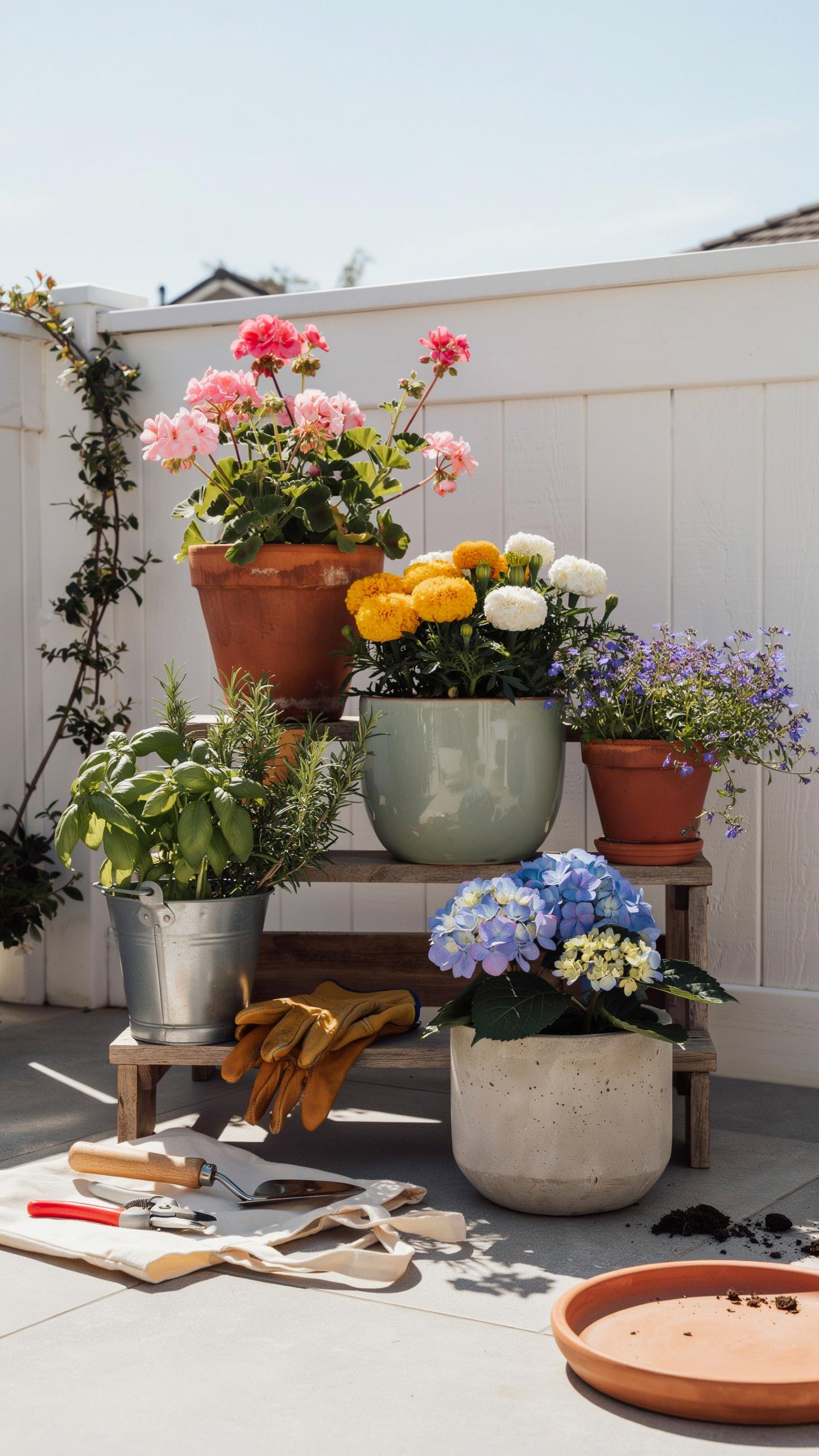 A variety of potted plants and gardening tools are arranged on a light gray patio with a white fence in the background.
