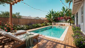 A beautiful backyard features a sparkling blue swimming pool surrounded by a wooden deck, lush green and flowering plants, and two lounge chairs under