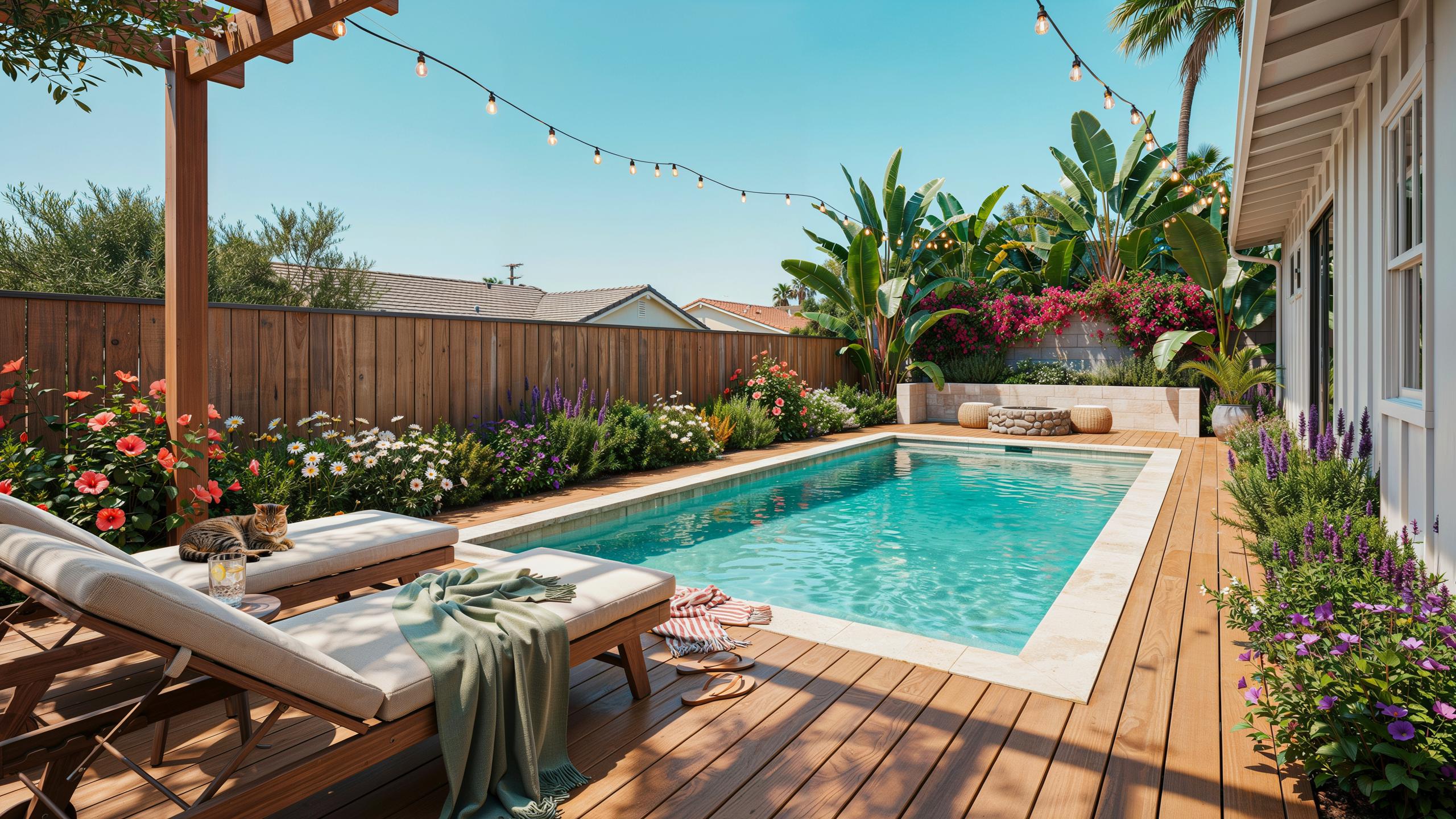 A beautiful backyard features a sparkling blue swimming pool surrounded by a wooden deck, lush green and flowering plants, and two lounge chairs under