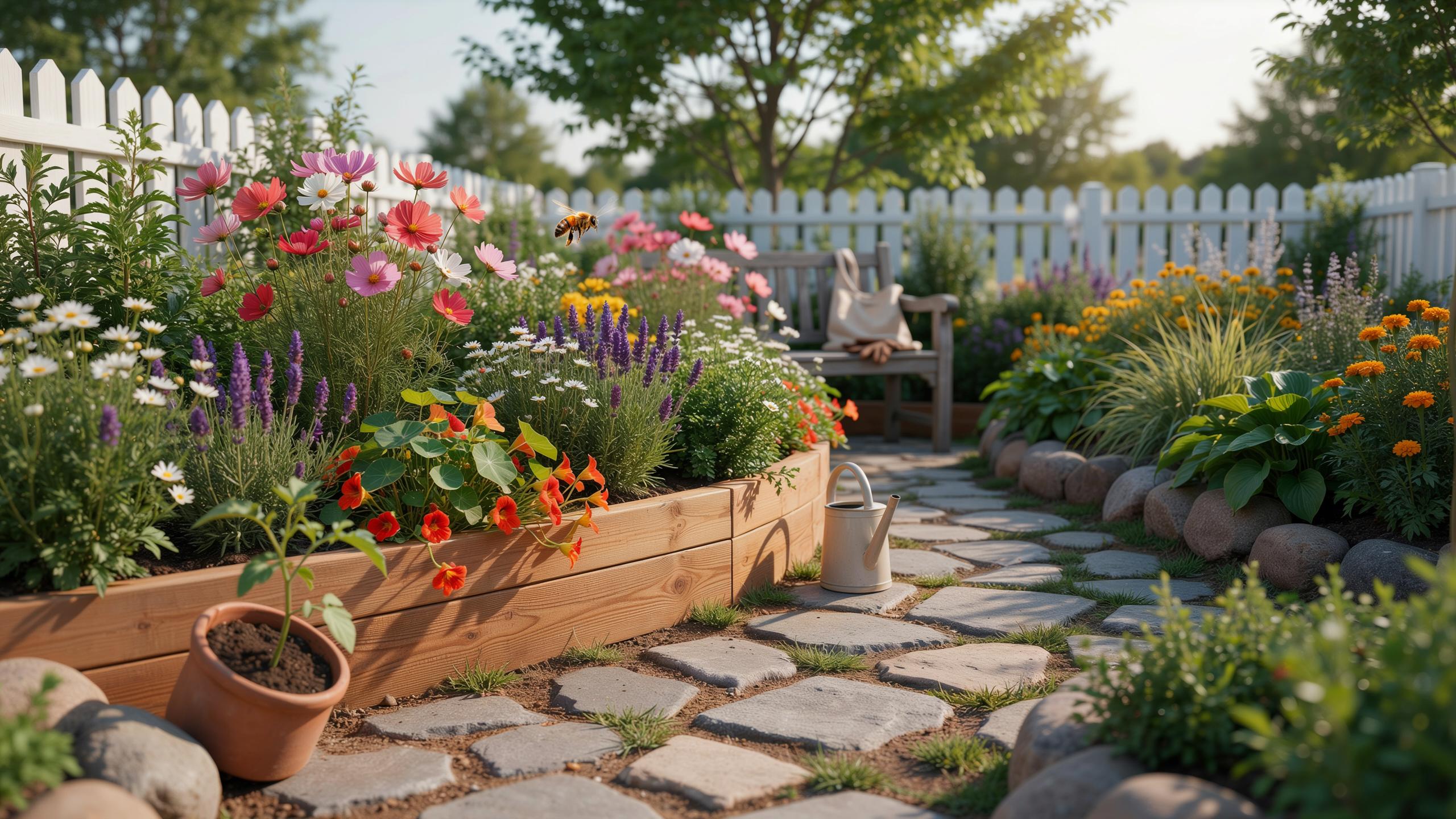 A beautiful, vibrant garden features a stone path winding through colorful flowerbeds, with a raised wooden planter on the left, a white picket fence