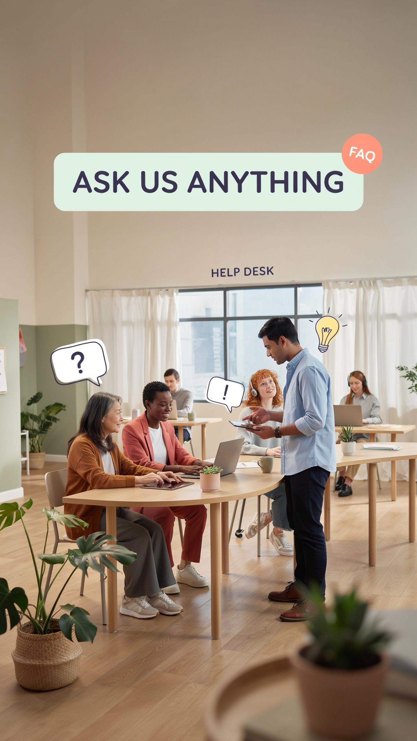 A diverse group of five adults, including three women and two men, sit or stand at light wood desks in a modern, brightly lit open-plan office, intera