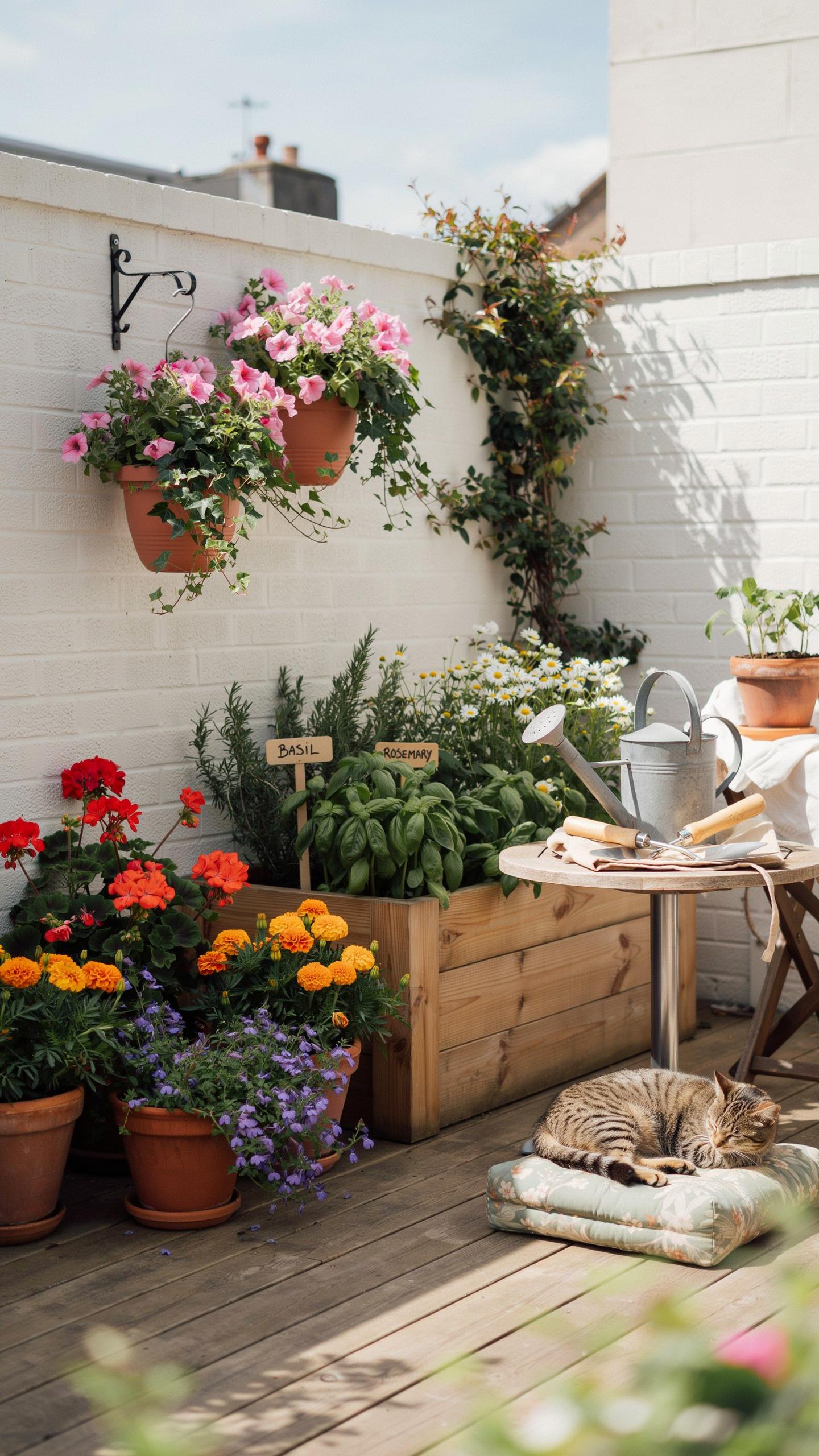 A cozy and lush balcony garden features potted red, orange, and purple flowers on a wooden deck, a large wooden planter box filled with herbs, and two