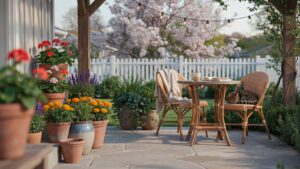 A charming outdoor patio features a small round table and two woven chairs, surrounded by various potted flowering plants, with a white picket fence a