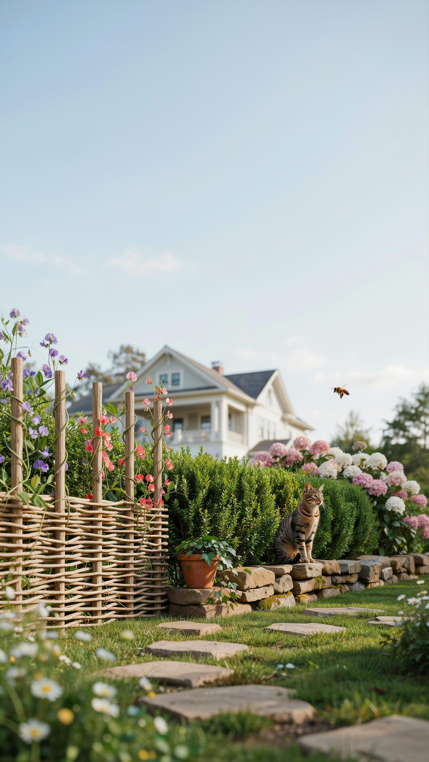 A white house with a porch is nestled among green foliage and blooming hydrangeas, viewed from a garden path with a woven fence and a cat perched on a