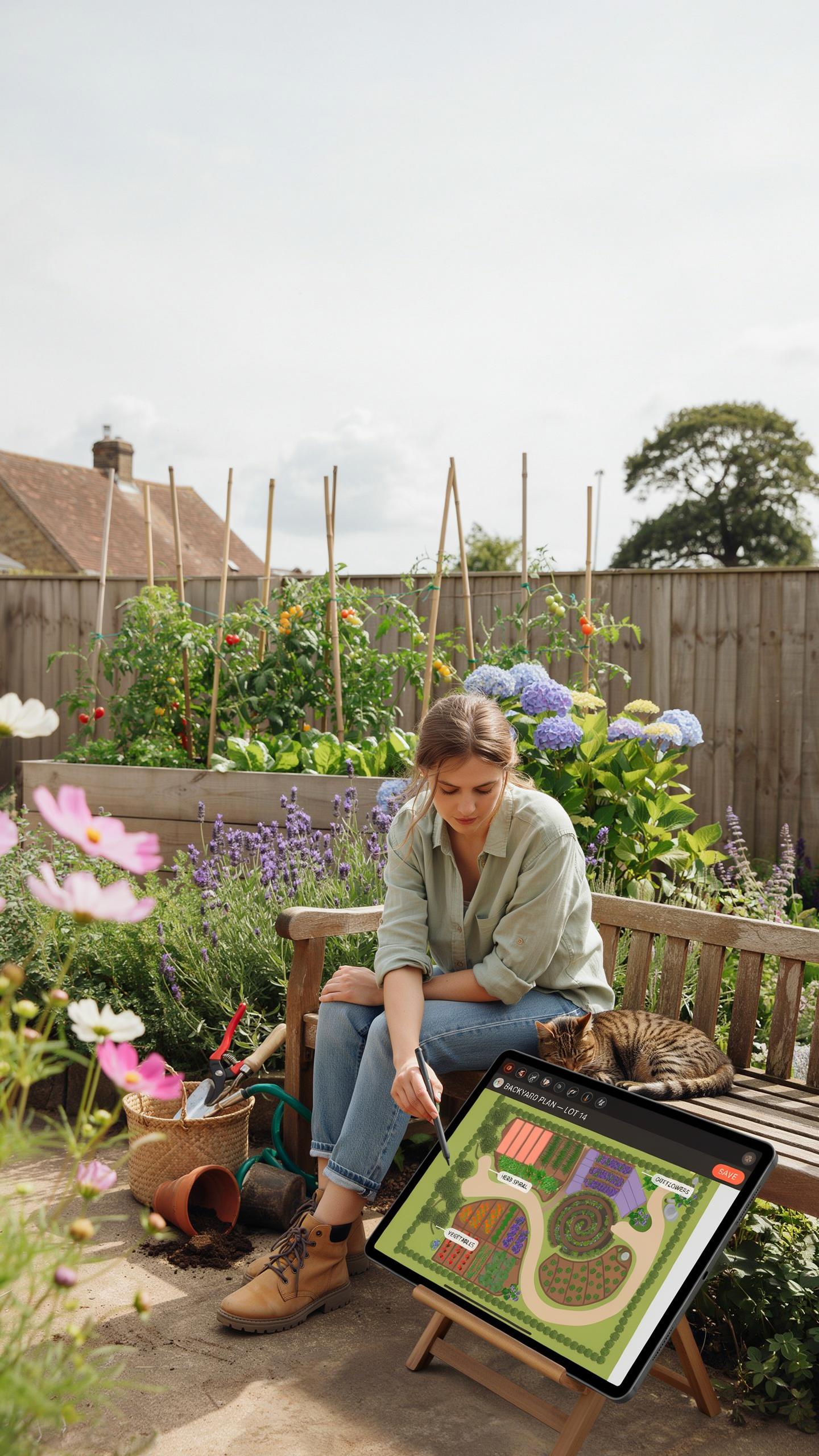 A young woman with short brown hair, wearing a green button-up shirt and jeans, sits on a wooden bench in a sunny garden, looking down at a tablet on