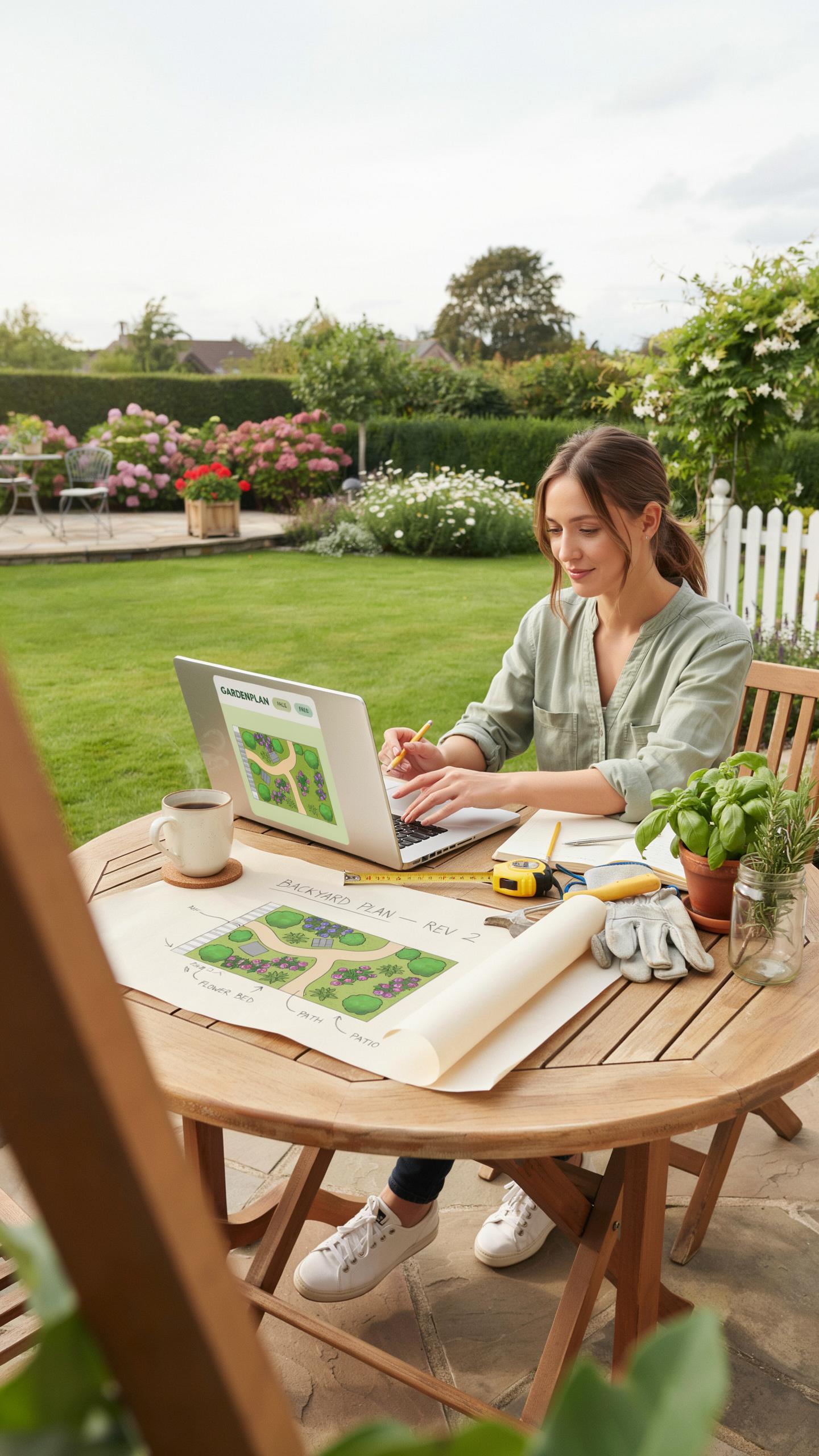 A young woman with long dark hair sits at a round wooden table in a sunny backyard, smiling as she types on a silver laptop. On the table are a garden