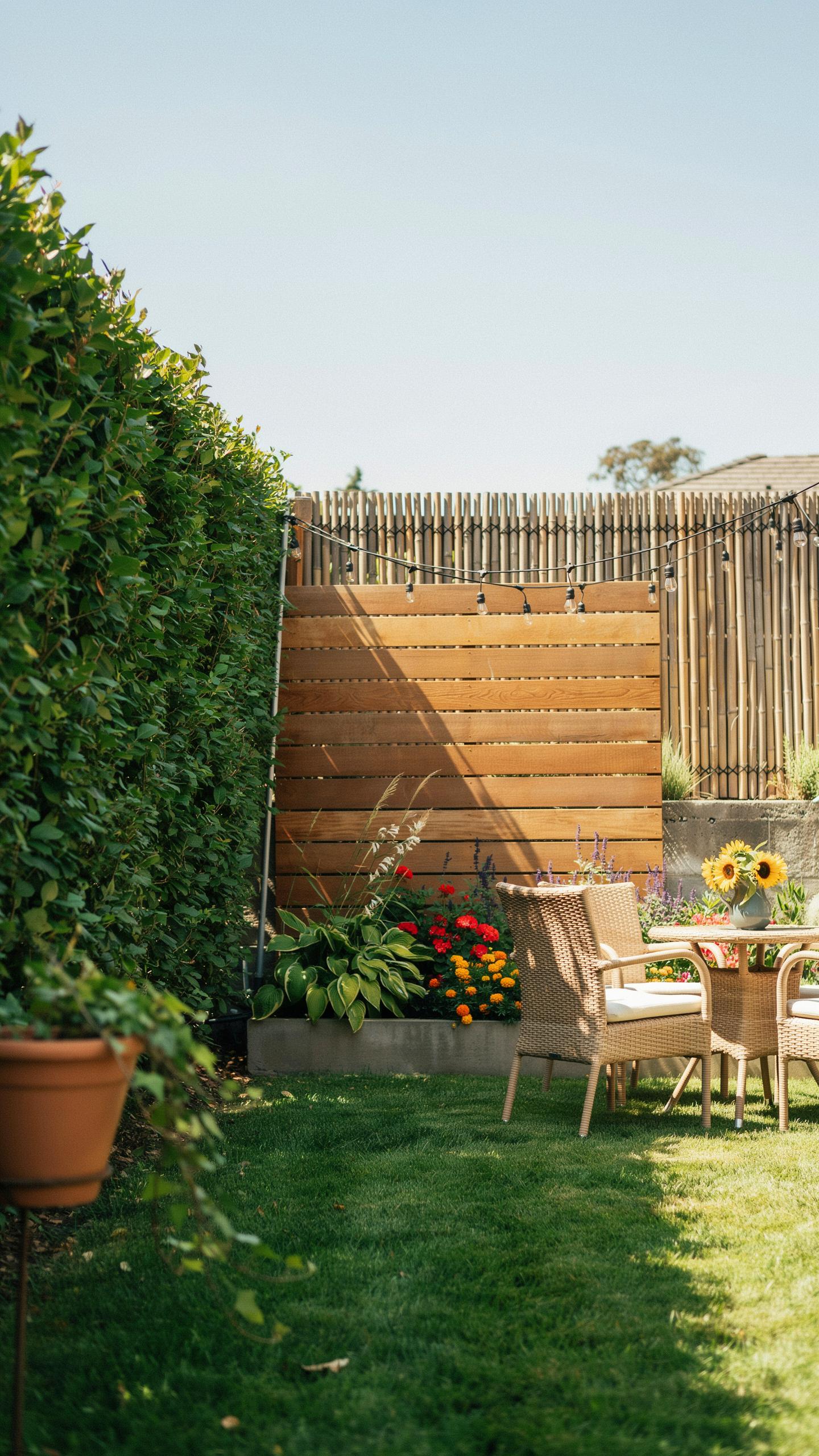A sunny backyard features a lush green lawn, a tall privacy hedge on the left, and a wooden privacy screen backed by a bamboo fence on the right, with