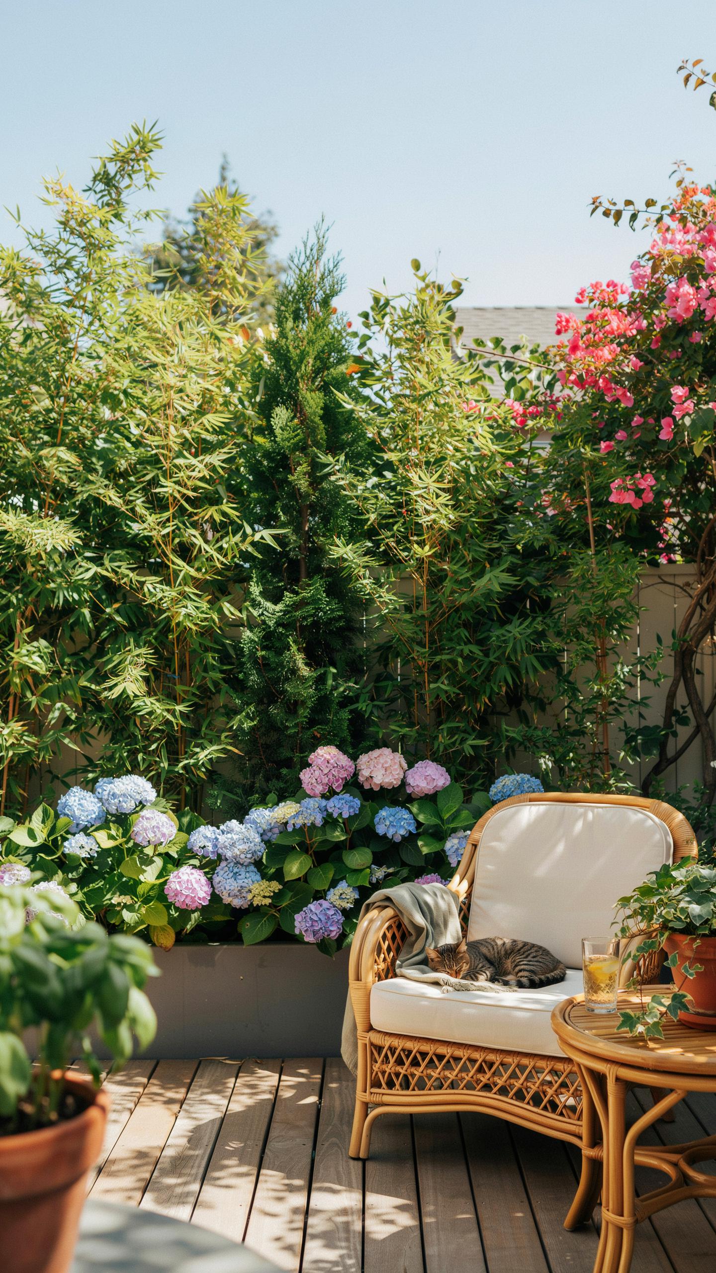 A cozy outdoor seating area features a wicker armchair with a sleeping cat and a small side table holding a drink, surrounded by vibrant green foliage