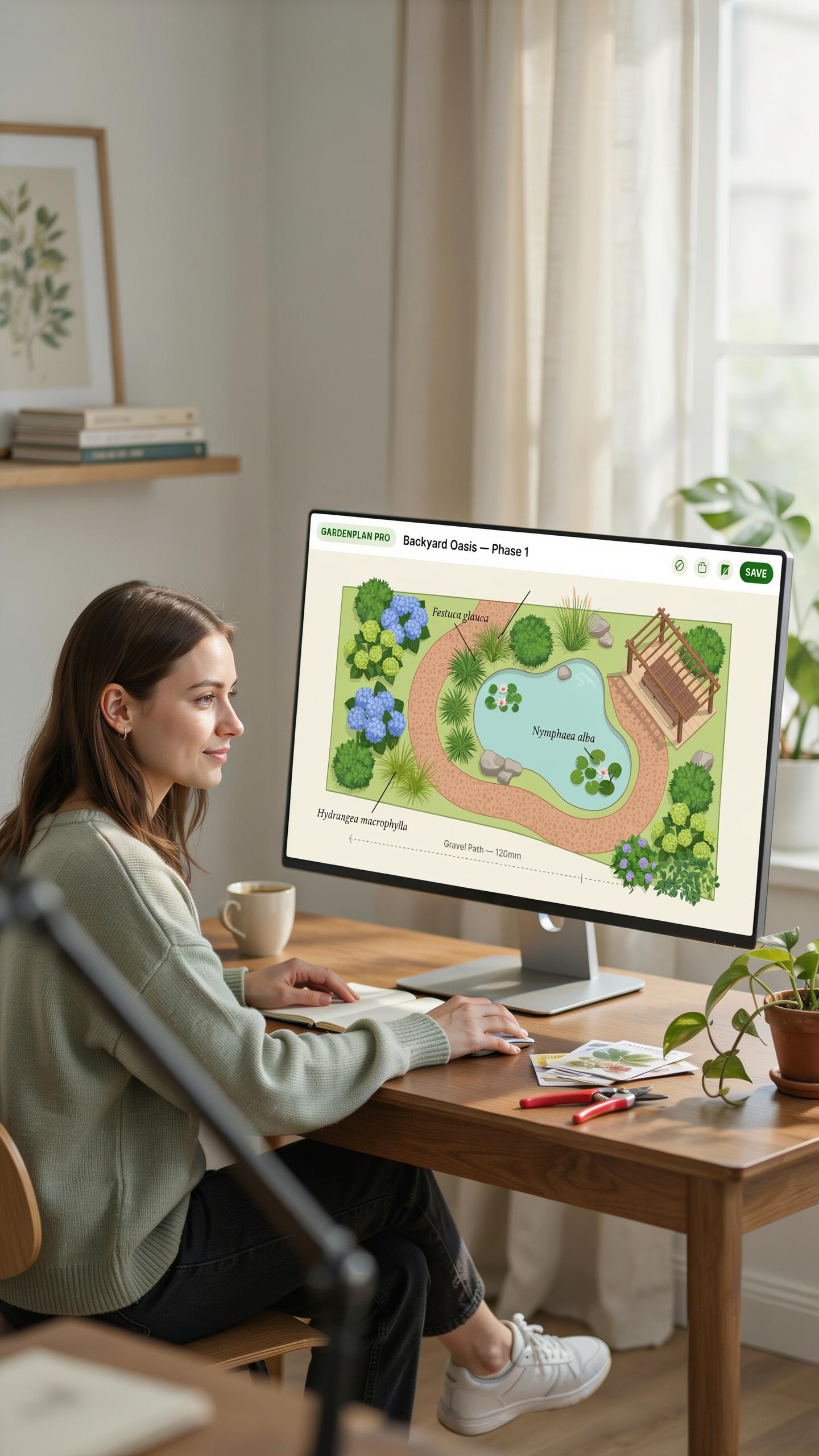 A young woman with long dark hair sits at a wooden desk, looking at a computer monitor displaying a colorful digital landscape design with a pond, pat