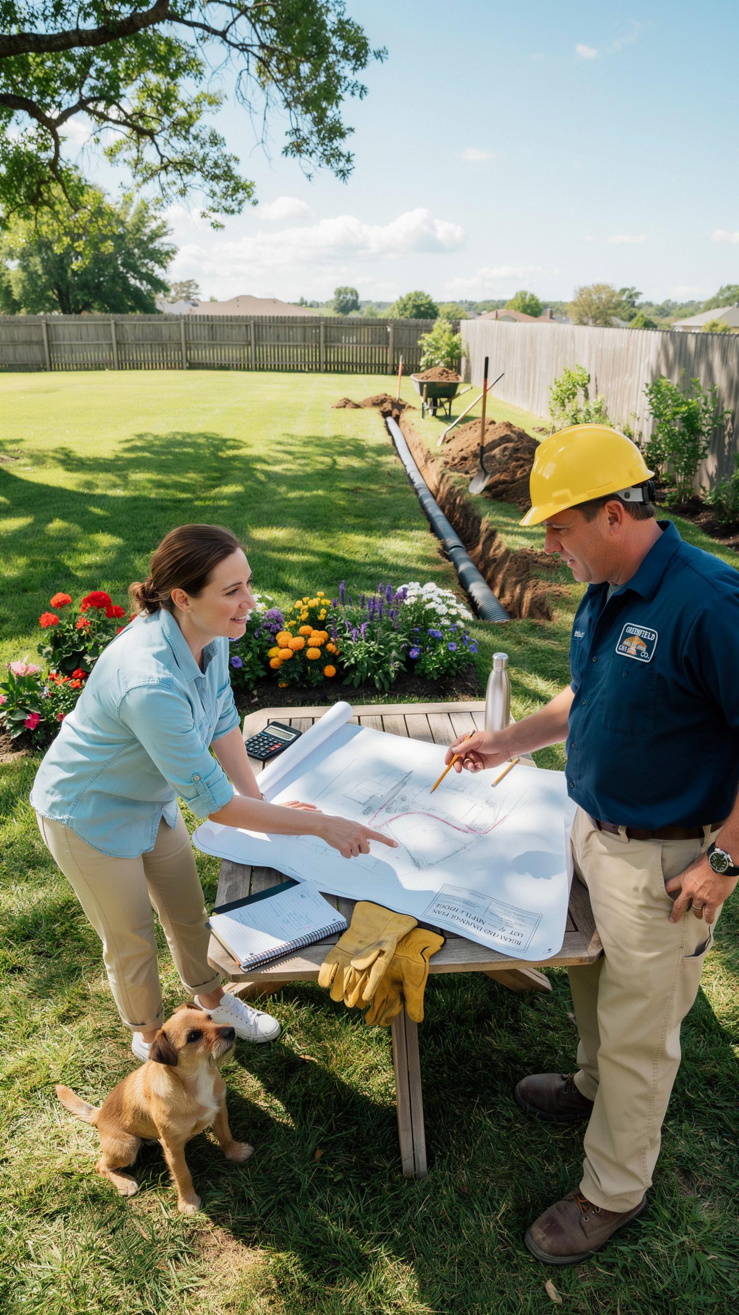 A woman and a construction worker in a hard hat stand over blueprints on a wooden table in a sunny backyard, pointing at the plans, with a small brown