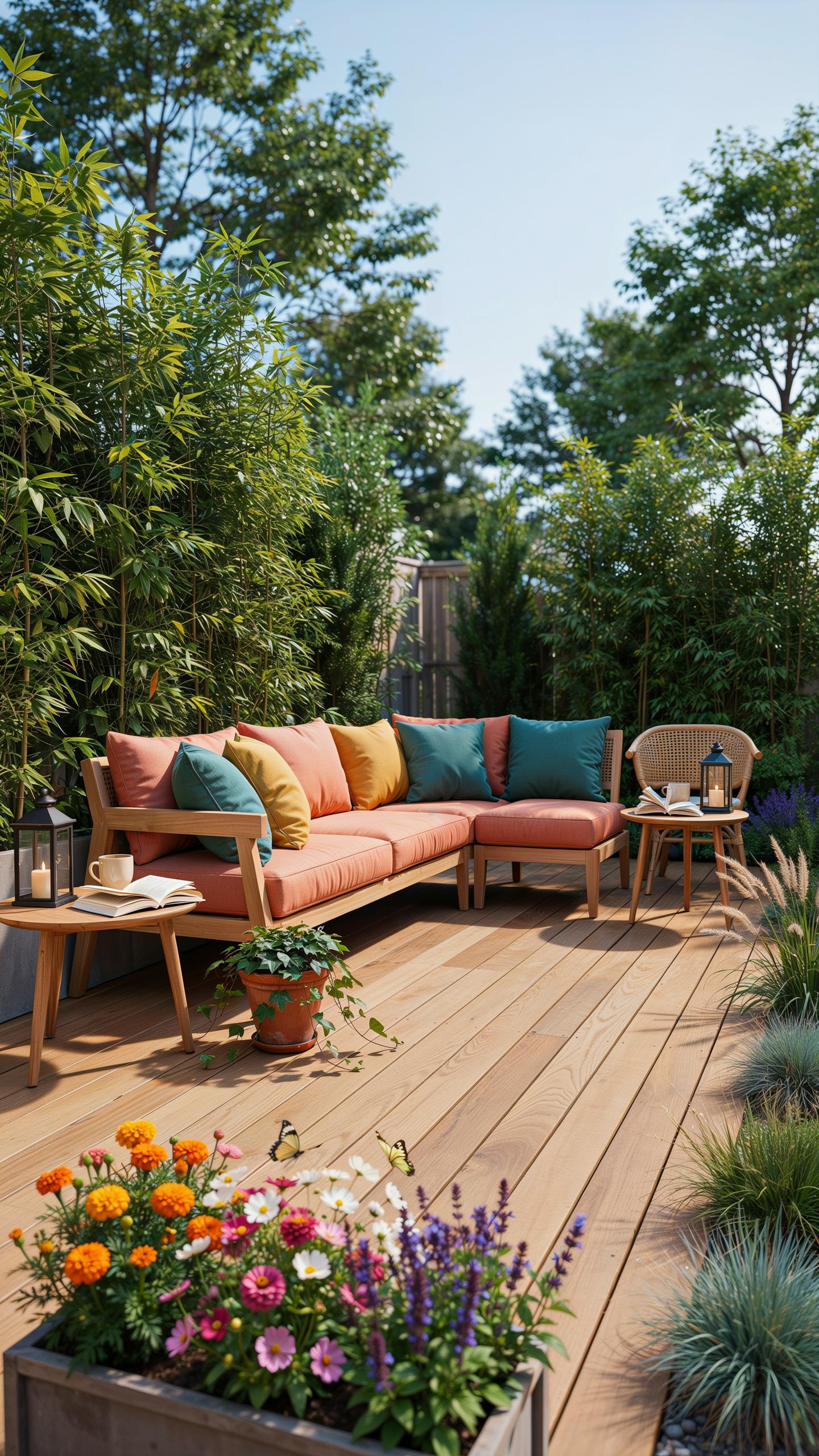 A cozy outdoor patio features a light wood sectional sofa with coral cushions and teal and yellow throw pillows, alongside a small round side table an