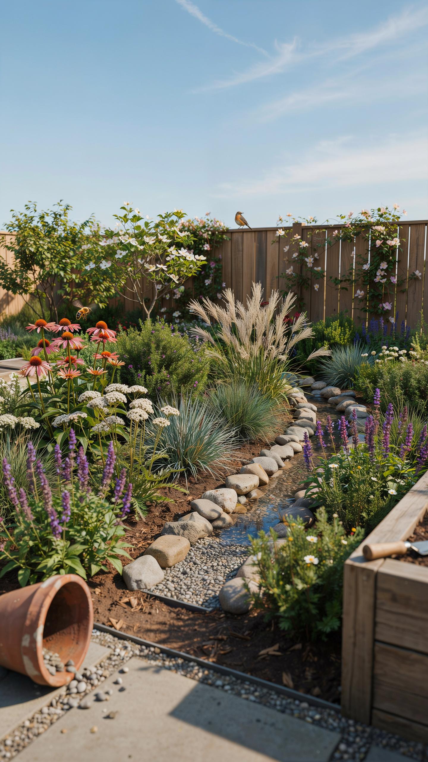 A vibrant garden features a winding dry creek bed lined with stones, surrounded by various flowering plants, grasses, and shrubs under a clear blue sk