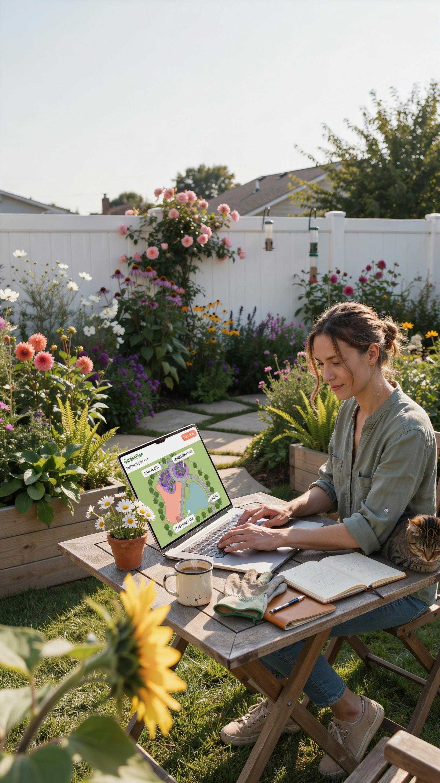A woman with brown hair sits at a wooden table in a sunny garden, typing on a silver laptop with a colorful garden design on its screen, next to a not