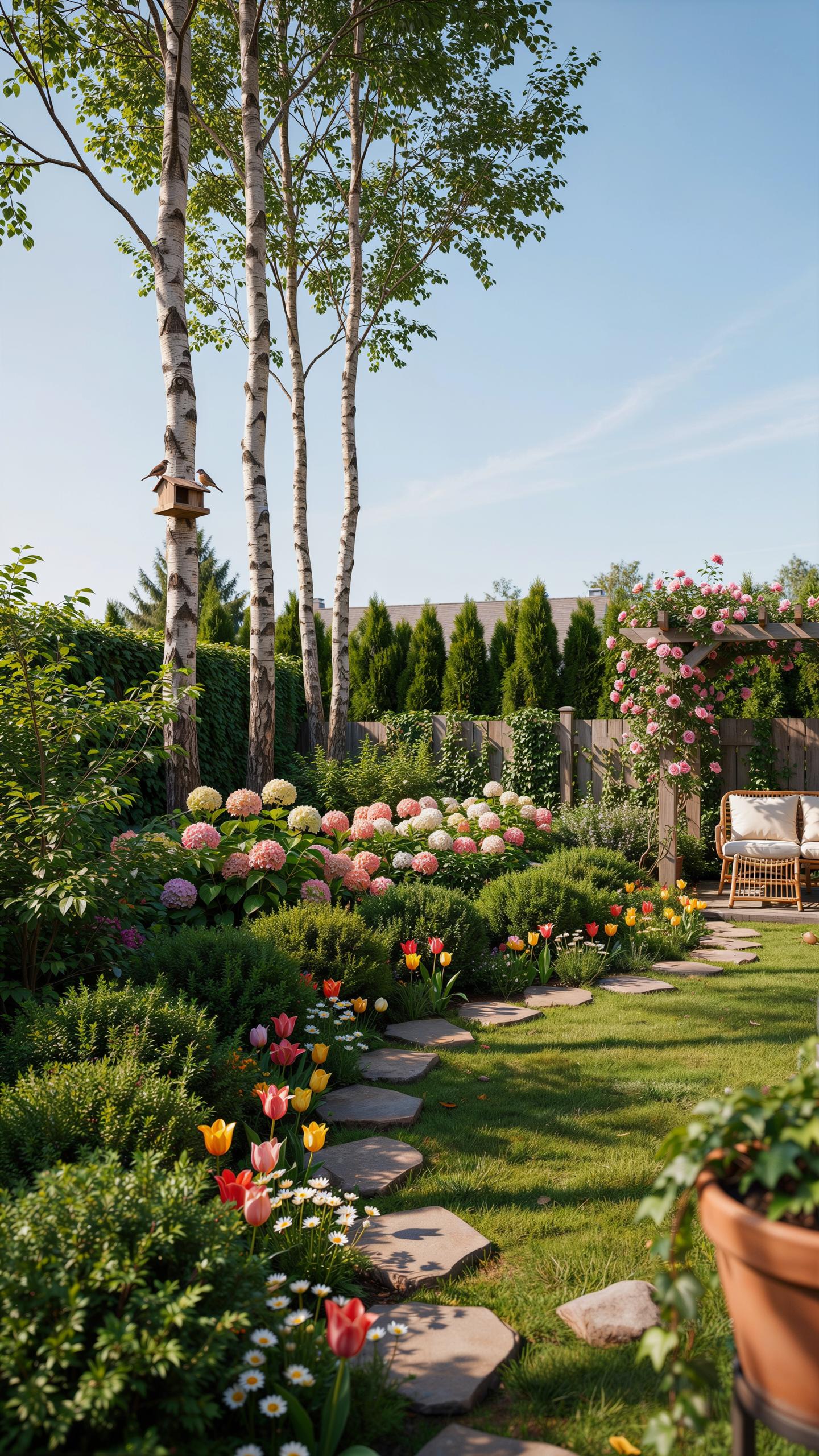 A lush, vibrant garden features a winding stone path through green grass, bordered by various colorful flowers including hydrangeas, tulips, and daisi