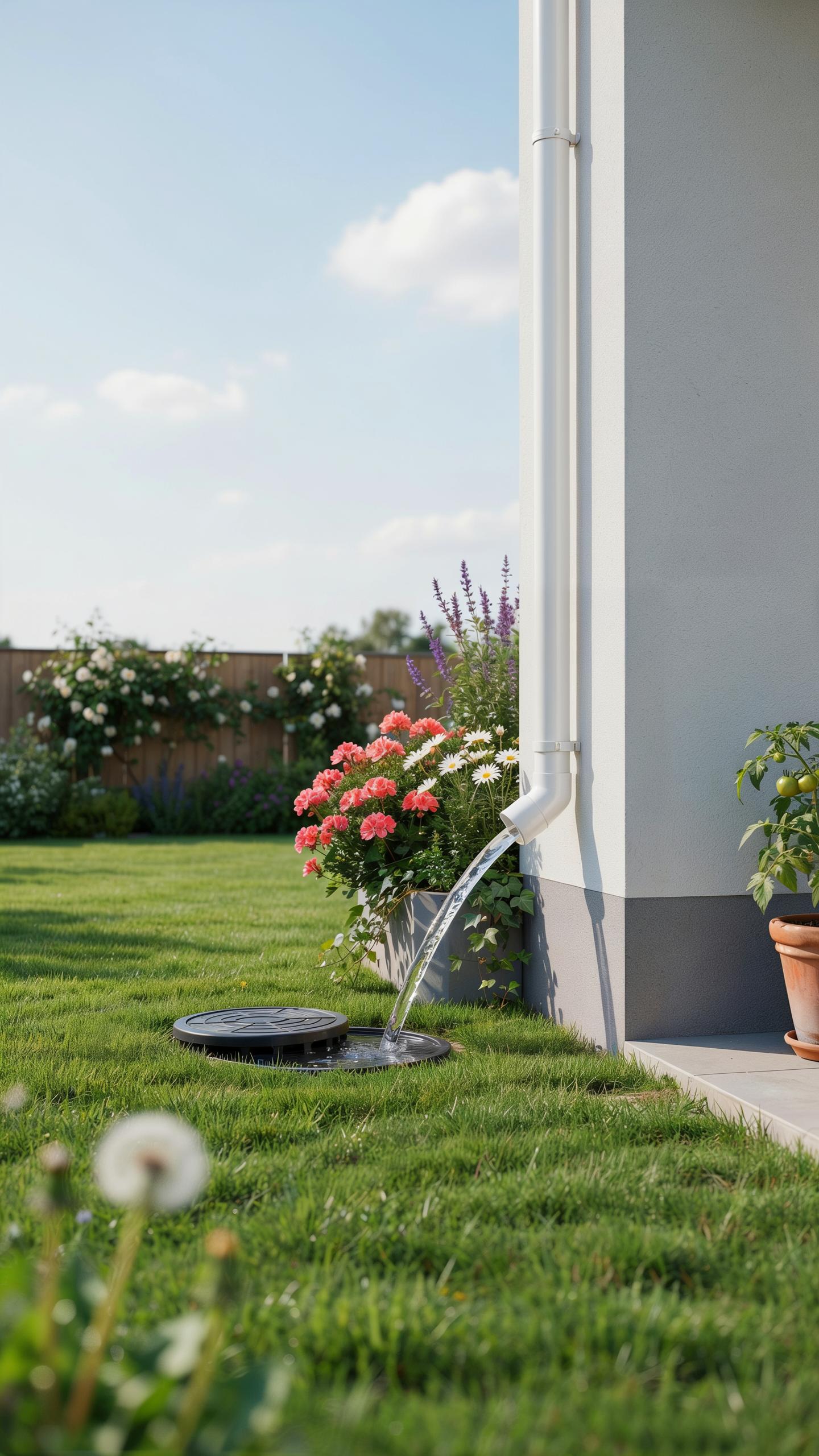 A white downspout from a light-colored house corner diverts rainwater through a white, curved spout into a black, circular basin on a vibrant green la