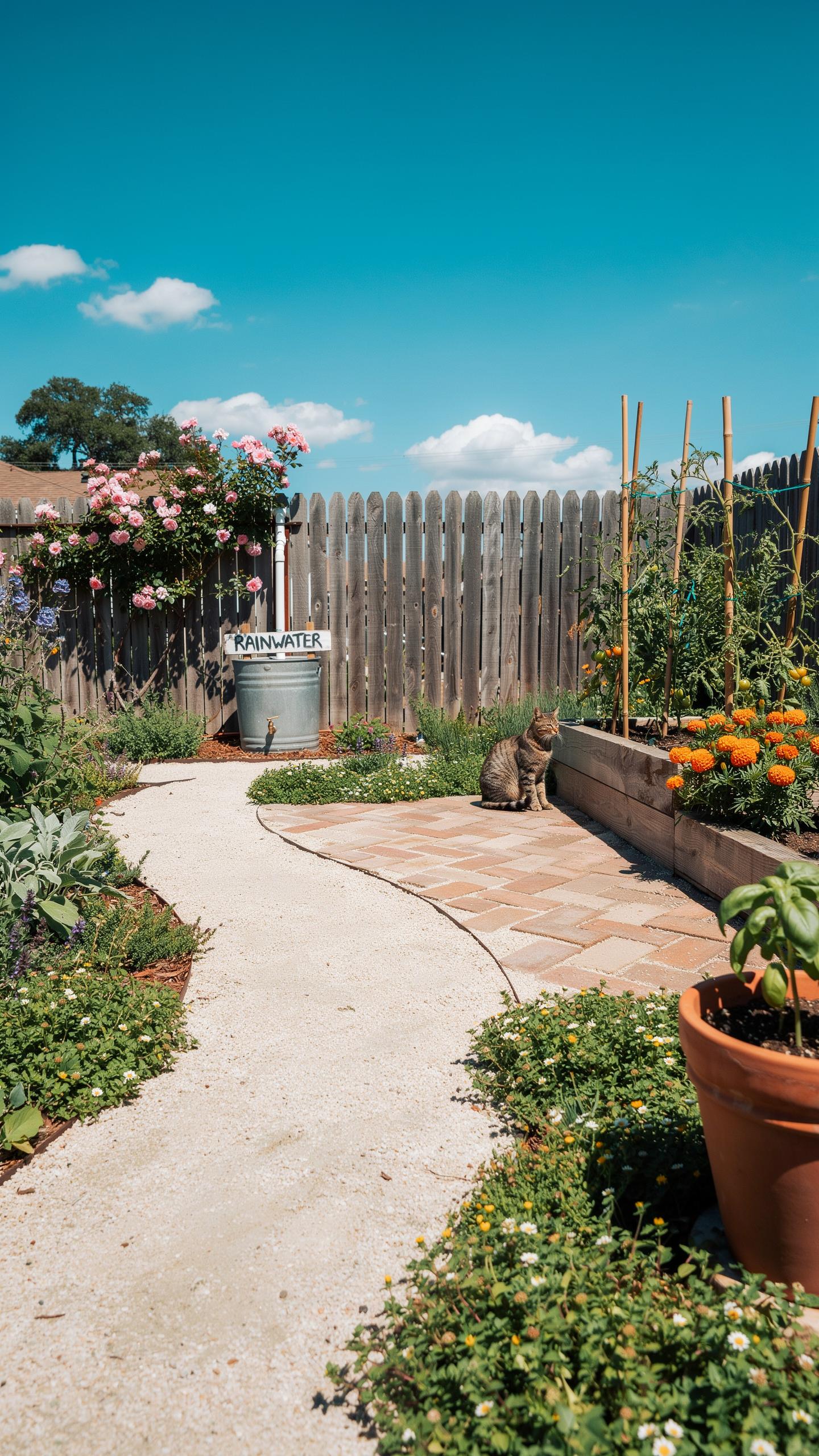 A winding concrete path leads through a lush backyard garden with raised wooden beds, a wooden fence, and climbing roses under a clear blue sky with s