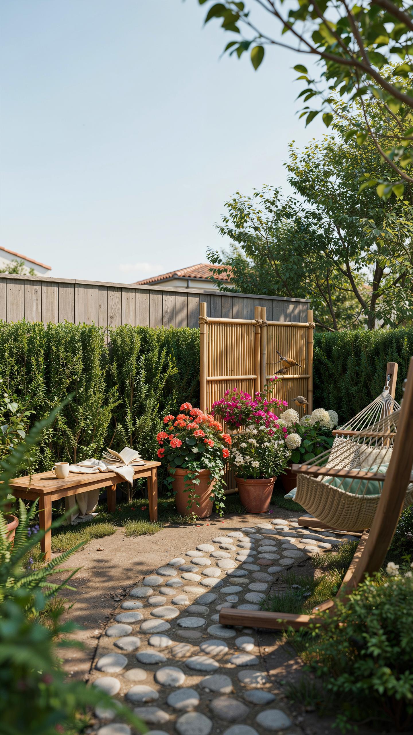 A cozy backyard garden features a hammock, a wooden bench, and a stone path, surrounded by lush green hedges, potted flowers, and trees under a clear
