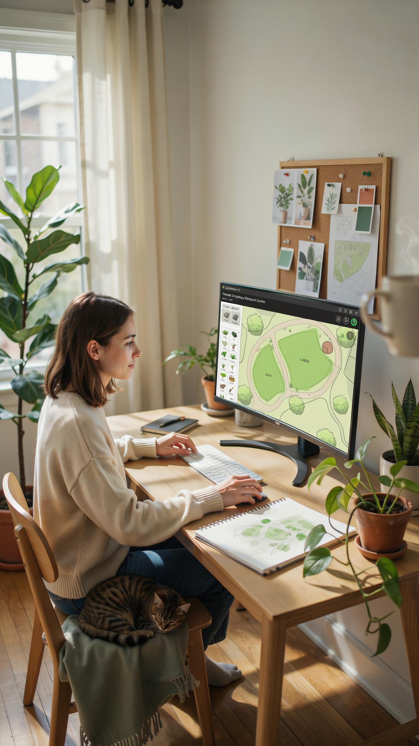 A young woman with brown hair sits at a wooden desk, focused on a computer monitor displaying a green landscape design. Her right hand is on a compute